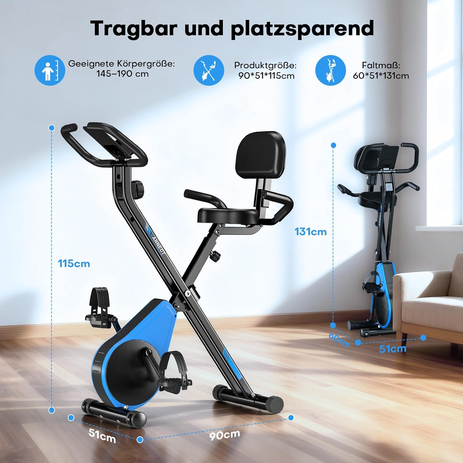 Diagram showing the dimensions of the vannect folding exercise bike in both unfolded (90x51x115 cm) and folded (60x51x131 cm) states, illustrating its space-saving design and portability.