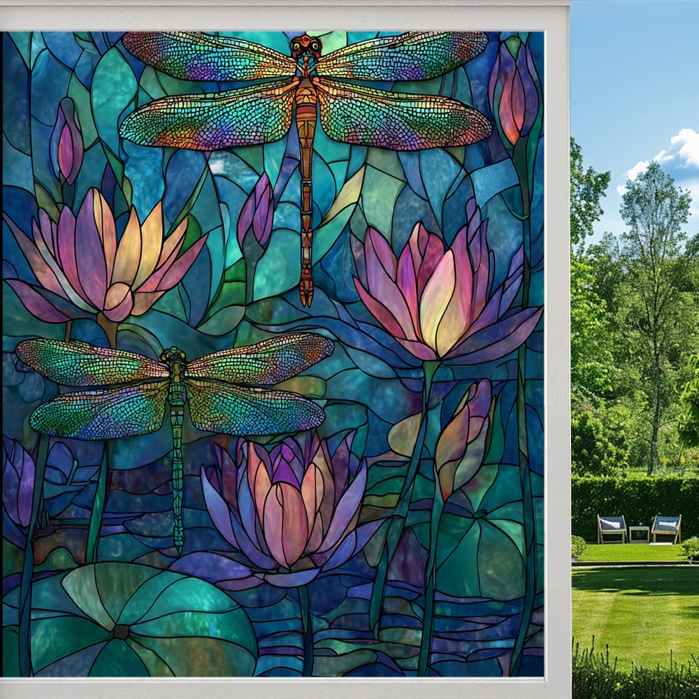 Colorful Lotus Pond Stained Glass Window Film, Dragonfly Nature Floral Peel and Stick Privacy Film, Frosted Adhesive Vinyl Decorative for Bathroom Windows Glass Doors, （45x100cm）