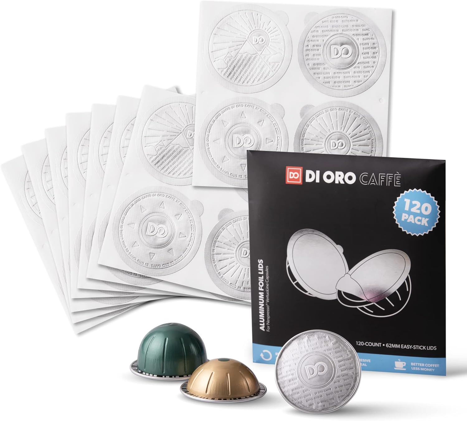 All-New di Oro Caffè Reusable Coffee Pod Lids Compatible for Nespresso VertuoLine Machines to Reuse Vertuo Coffee Capsules – 62mm Cover Seals for Refillable Pods – Aluminum Foil Lids (120 Pack)