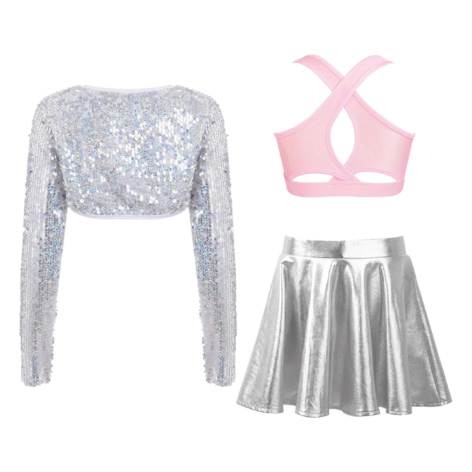 Conjuntos de Ropa de Ballet con Lentejuelas for niñas, Top Corto, Falda metálica for Danza Jazz, Disfraces de actuación escénica(Light Blue,14)