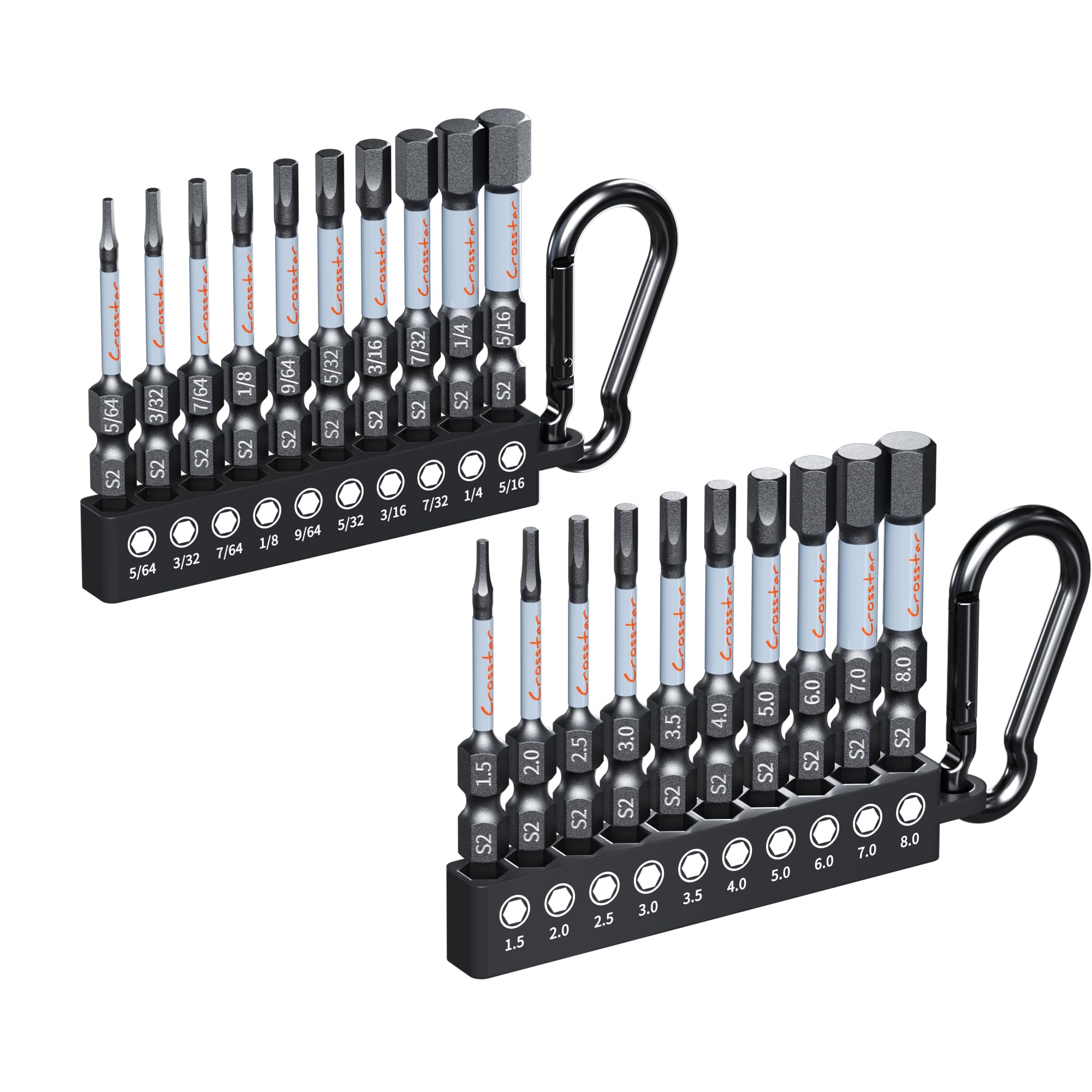 Crosstar 20Pcs 2" Impact Short Hex Bit Set,Magnetic,Metric &amp; SAE