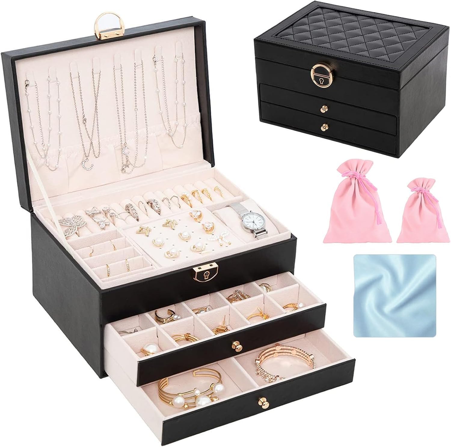ジュエリーボックス 大容量 アクセサリーケース 3層 鍵付きアクセサリー 収納 取り外し可能 ピアス入れ アクセサリー入れ ピアス イヤリングケース jewelry box organizer プレゼント記念日 誕生日 女性用(黒)
