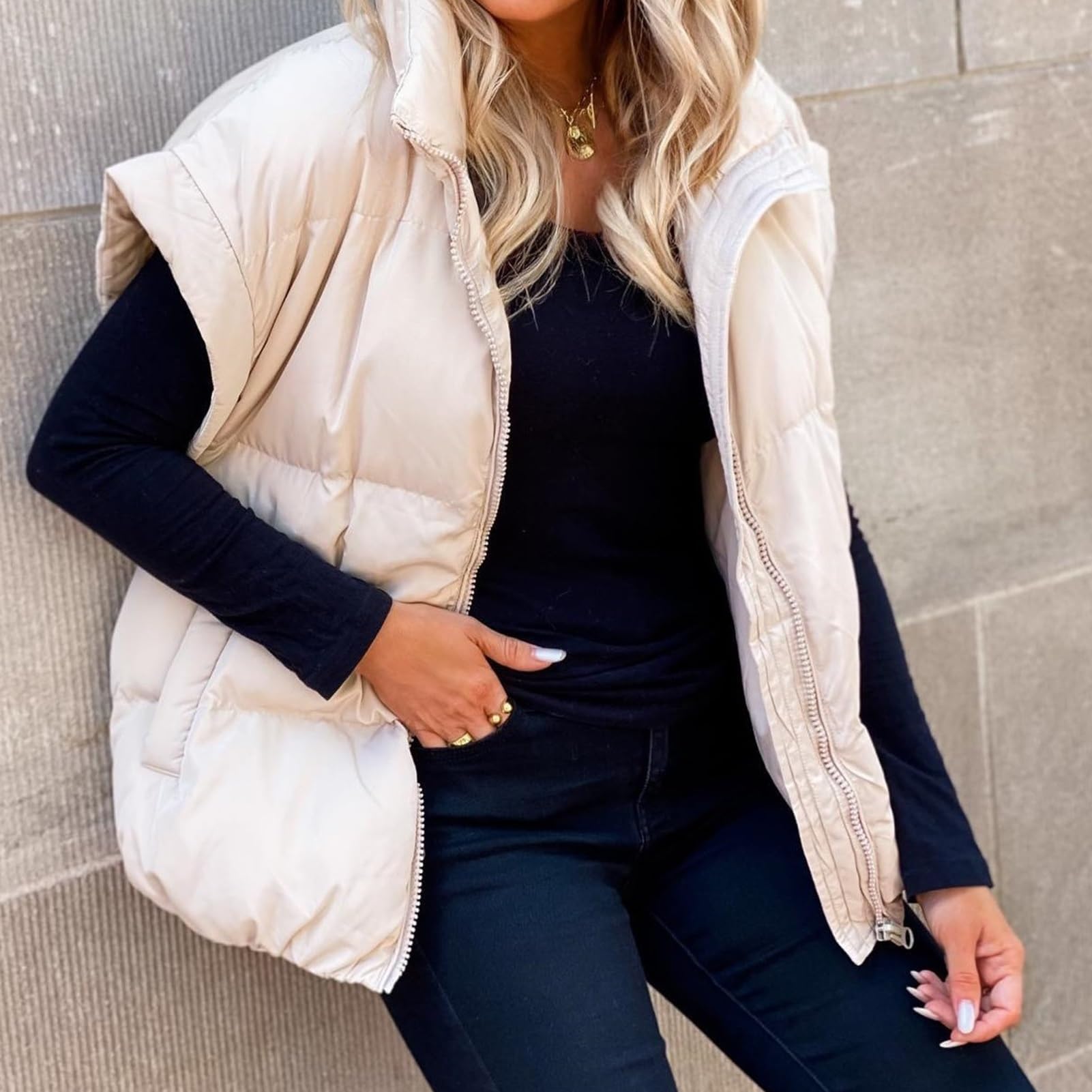 Chaleco Acolchado Corto para Mujer, Abrigo Acolchado Ligero Sin Mangas con Cremallera para Invierno