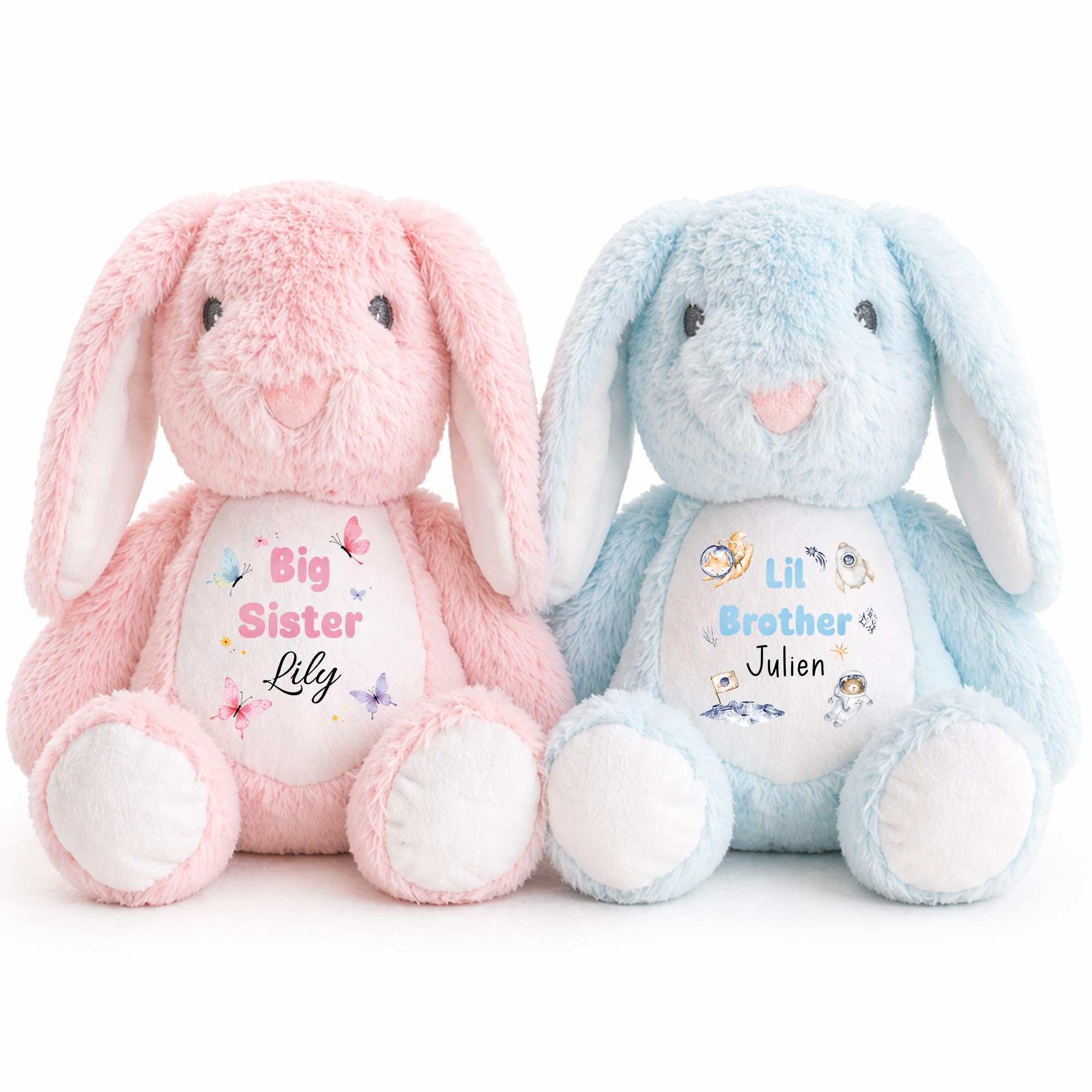 Personalised Sibling Bunny Teddy, Custom Big Sister or Little Brother Rabbit Plush Toy, Name Baby Gift, Pregnancy Announcement Keepsake, Brother Sister Design