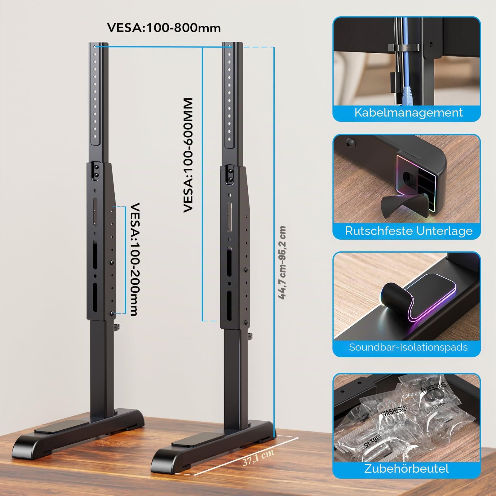 Universal Großer TV Ständer TV Standfuss Fernseher Standfüße Beine Höhenverstellbar für 24 zu 86 Zoll Fernseher Max. 60 KG VESA 800x600 mm HT10B-001