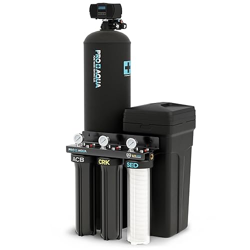 PRO+AQUA PRO-E-S25E Sistema de filtración de agua para toda la casa con combo de suavizante de 25,000 granos  Sistema de agua de pozo de 3 etapas