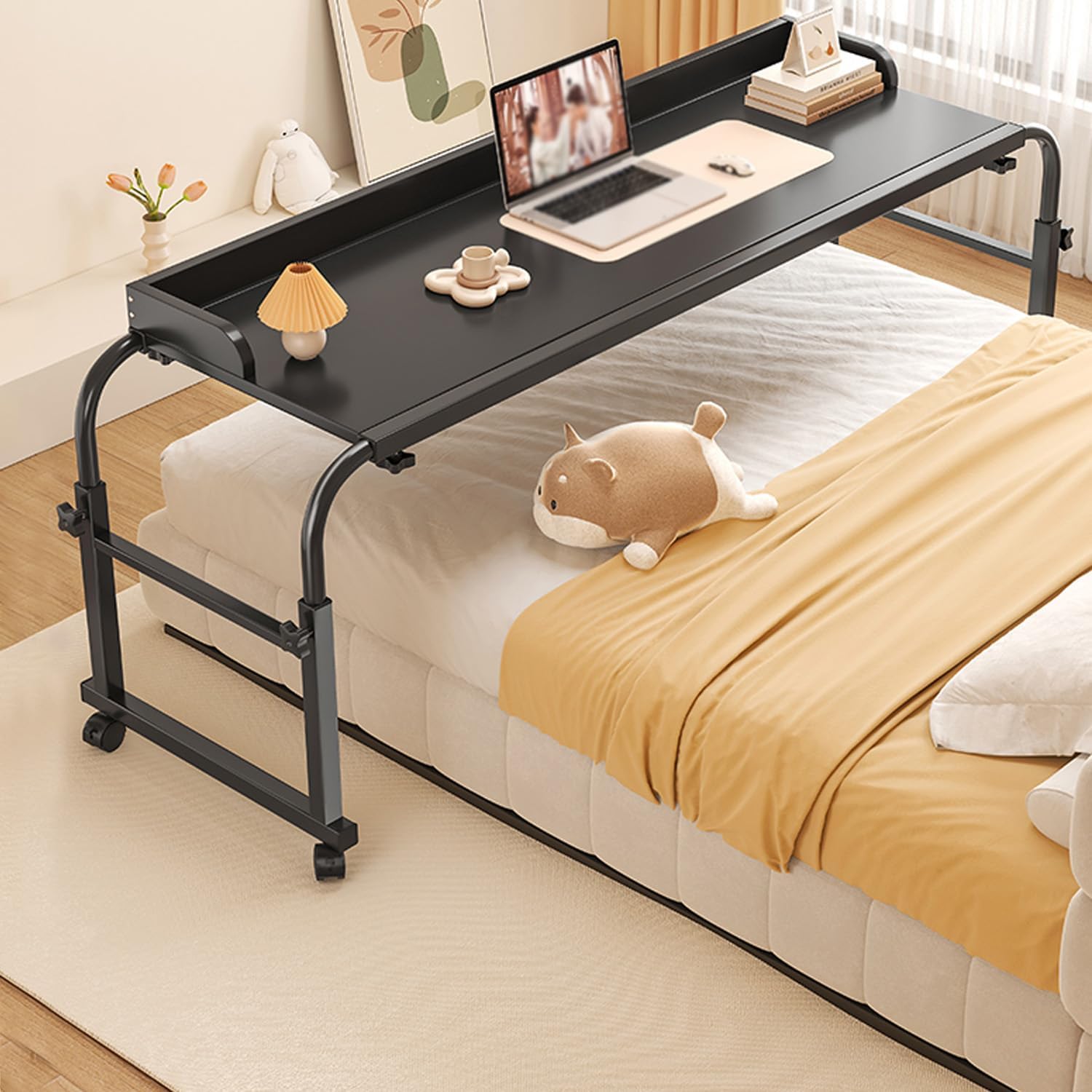 Overbed Table with Wheels,Over Bed Adjustable Height Wheels Medical On Over Divan Small Under Mattress Over-Bed Tables Storage(Color:Black+)