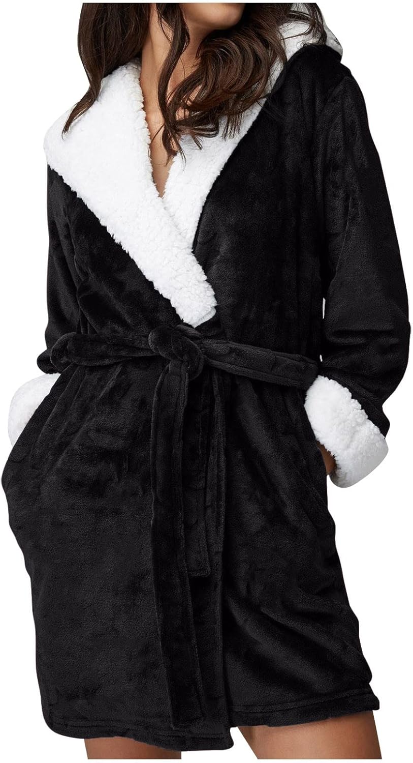 Flannel Gowns for Women Sleepwear Robe with Hoodie for Women Warm Robe for Women Plush Bath Robe