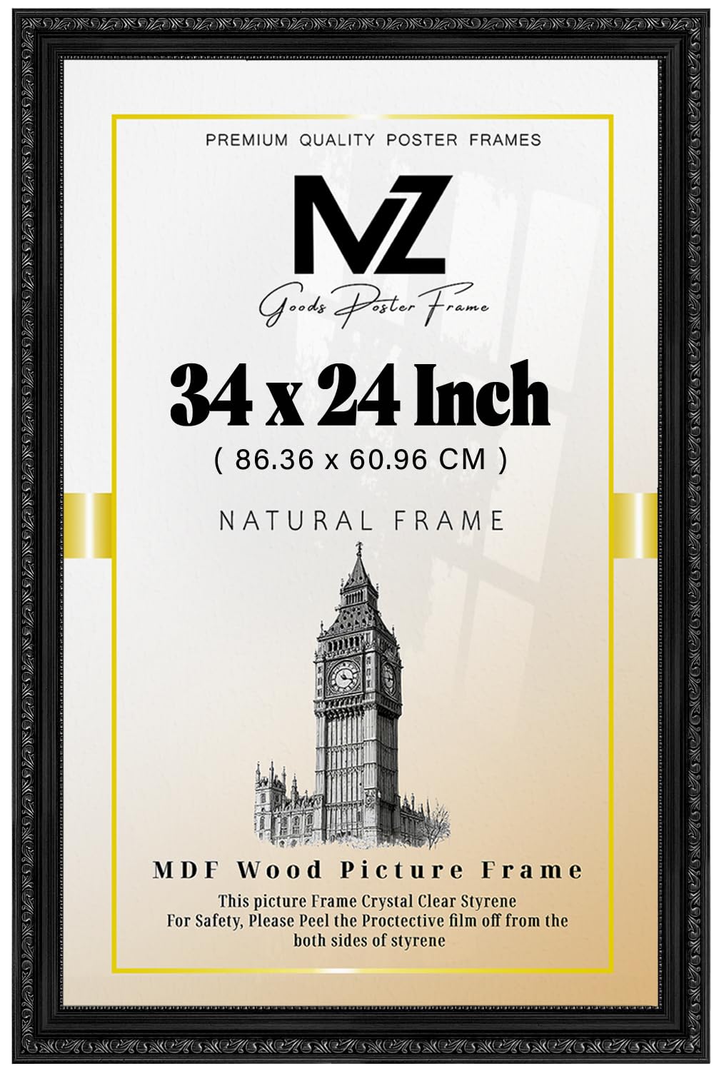 Mz Goods Black - Ornate Shabby Style Rectangle Sturdy 34 X 24 Inch Poster Frame | Polcore Wall Hanging Large For Posters/Art Prints (86.36 X 60.96 Cm) [ ]