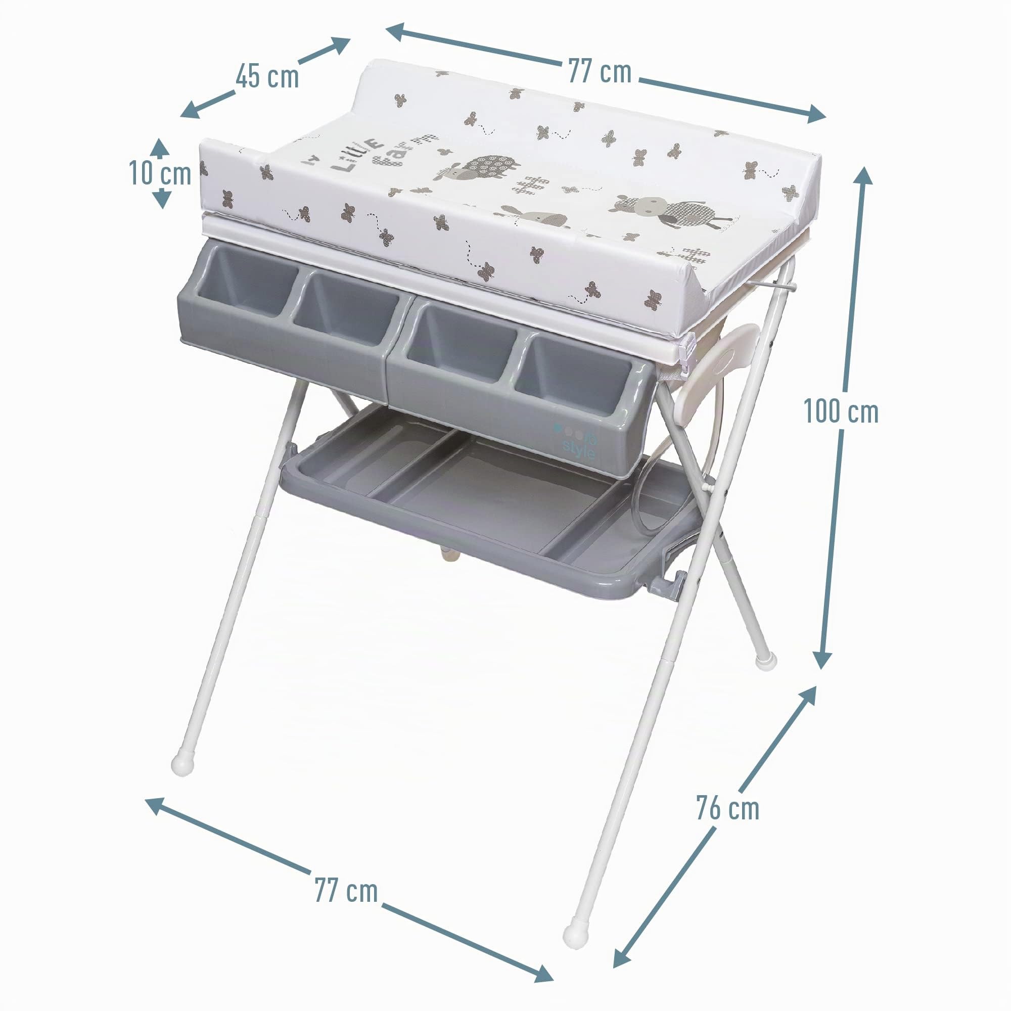 ib style® KOA 2-in-1 Fasciatoio con vasca da bagno | Fasciatoio mobile | Pieghevole | Grande superficie per il cambio | Fasciatoio per neonati e bambini piccoli | MY LITTLE FARM GRIGIO