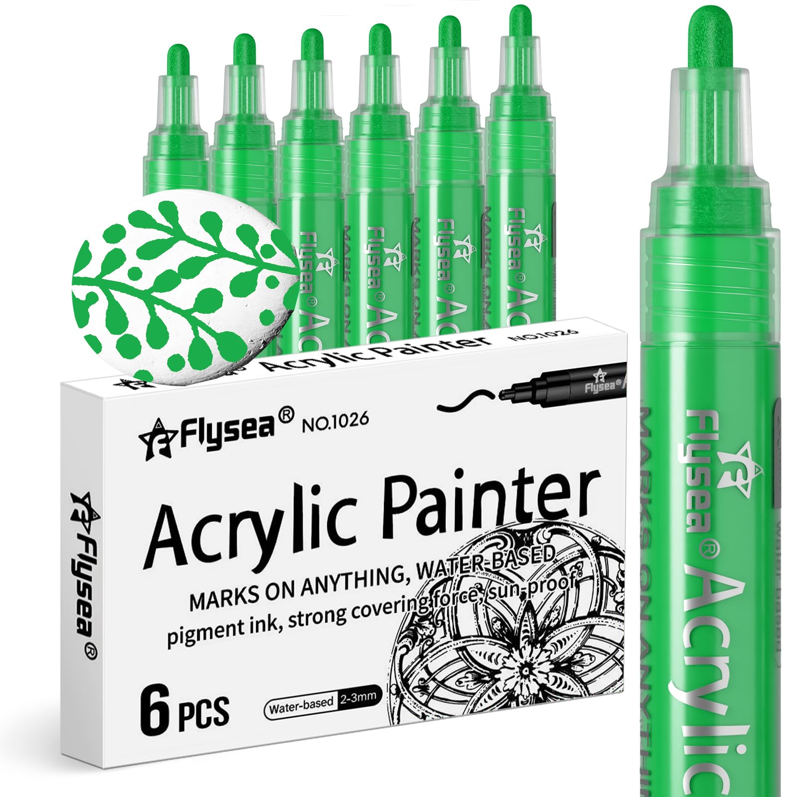 Alitastro Acrylic Paint Pens Waterproof Markers 6 Permanent Marker Pens Acrylic Pens for Rock Painting Glass Stone Ceramic Metal Fabric Pebble Painting pens Craft Supplies (Green, Medium Tip)