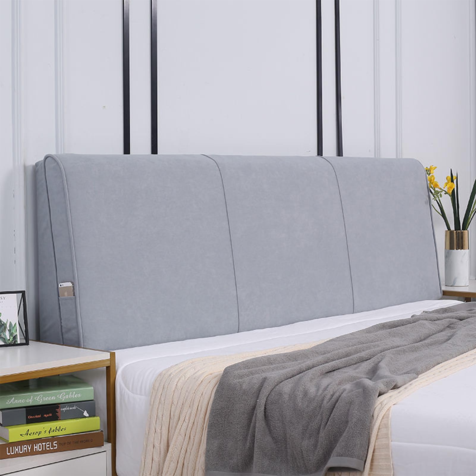 EDIEGO Bed Headboard Slipcover Covers with cotton and thick soft bag, European style backrest, simple leather wood bed dust cover protective cover Washable Thicken Elastic All-Inclusive (Grey,150cm)