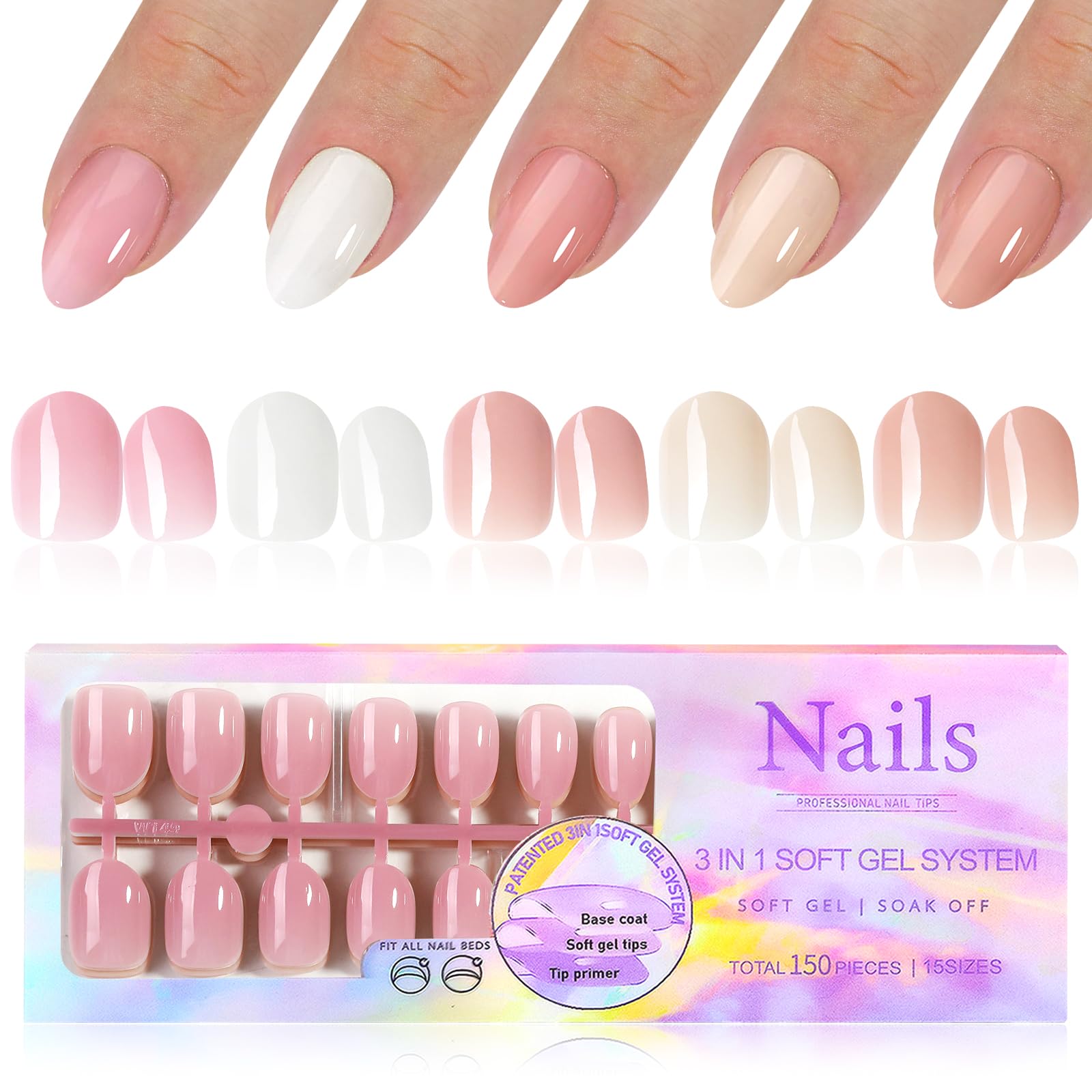 EternalClassic Oval Press On Nails Short, Pre-colored Gel Press on Nails Oval Nail Tips, 5 Colors Soft Gel Nails False Nail Kit, 150pcs Acrylic Nails