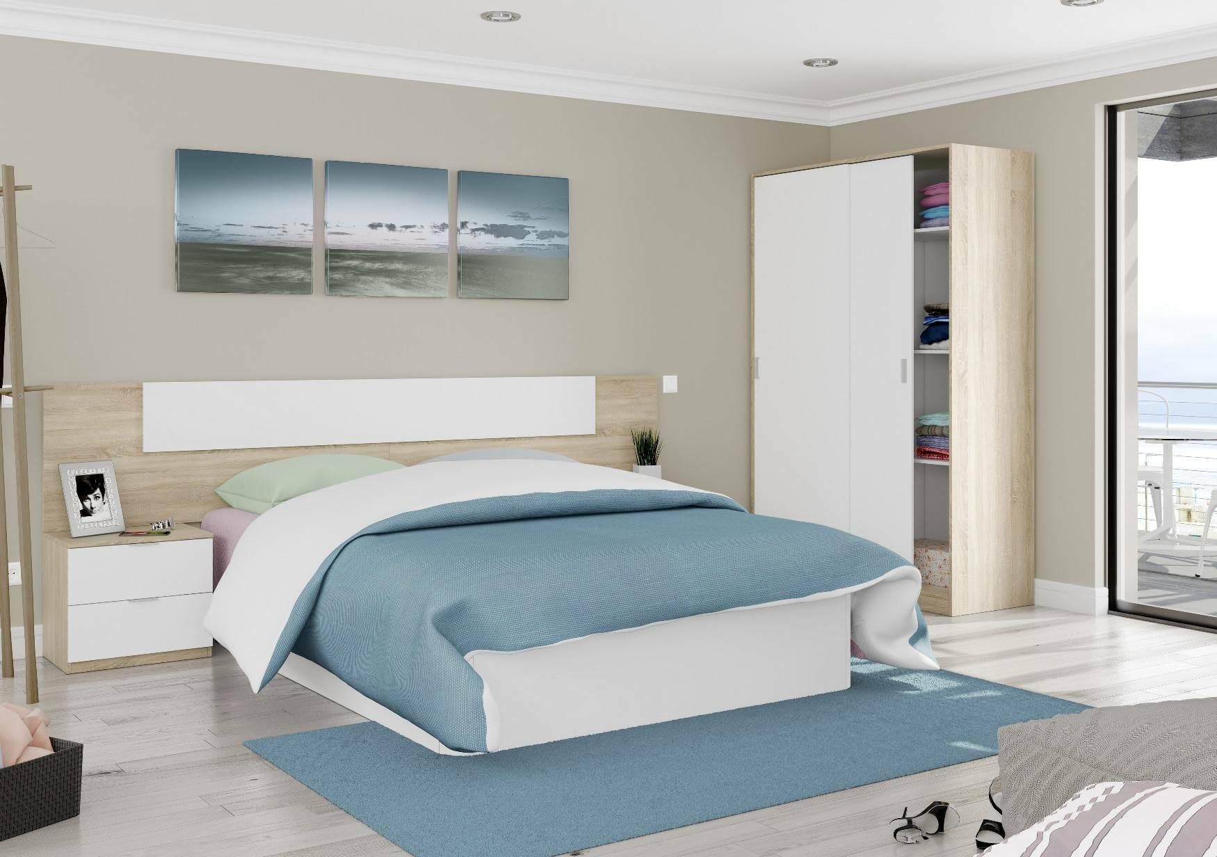 Dmora - Guardaroba 2 ante Waterbury, Armadio per camera da letto, Mobile con 4 ripiani e barra appendiabiti, 120x50h200 cm, Rovere e Bianco