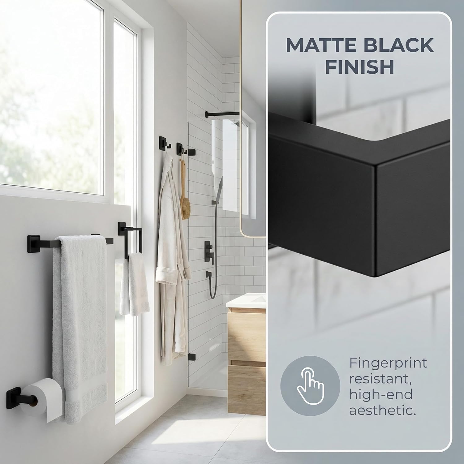 5-Piece Square Matte Black Bathroom Hardware Set - Wall Mounted Towel Bar Bath Accessories