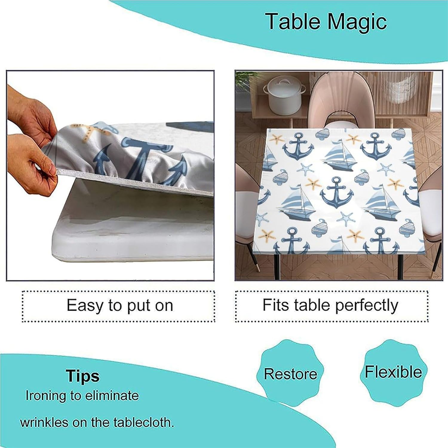 Elastic Edge Square Fitted Tablecloth, Anchor and Starfish Pattern Polyester Table Cover, for Outdoor Patio and Indoor Kitchen Dining Party, Fit for 44" x 44"Square Table