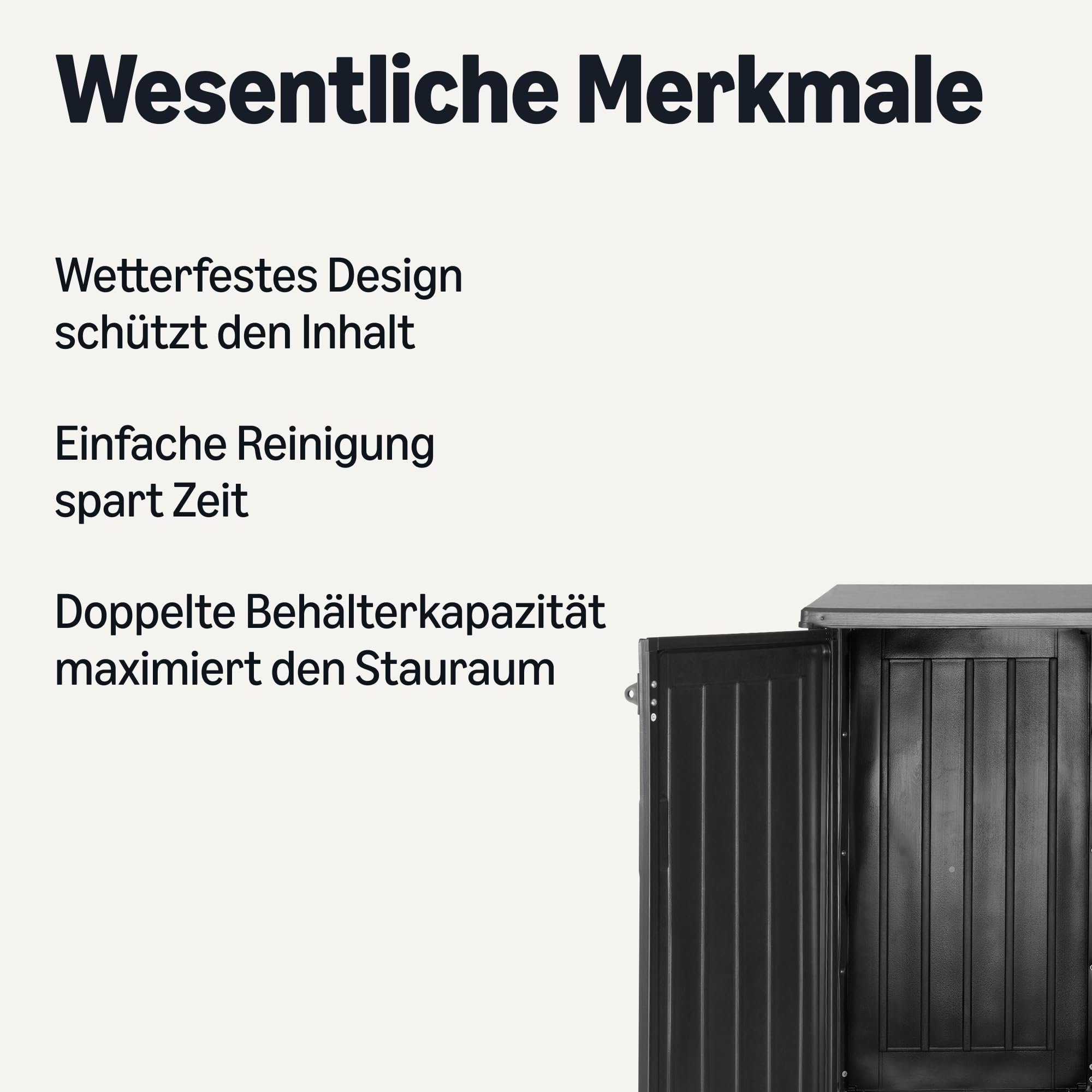 Amazon Basics Lagerschuppen, Mülltonnenbox für Zwei 120-Liter-Tonnen, Wetterbeständig, 116cm x 70,5cm x 112,8cm, Schwarz