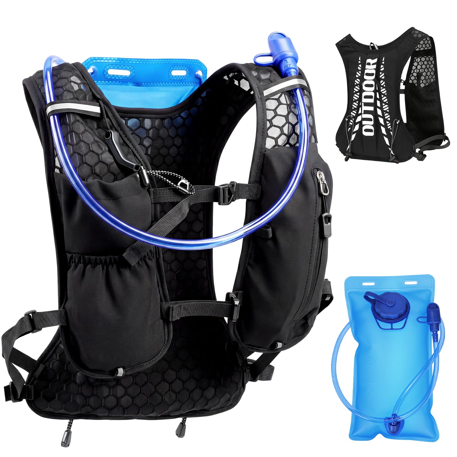 2L Hydration Vest Backpack Lightweight Water Pack for Running Cycling Hiking Marathon Mountaineering with Reflective Strips Breathable Mesh Survival Whistle Adjustable Straps for Men Women