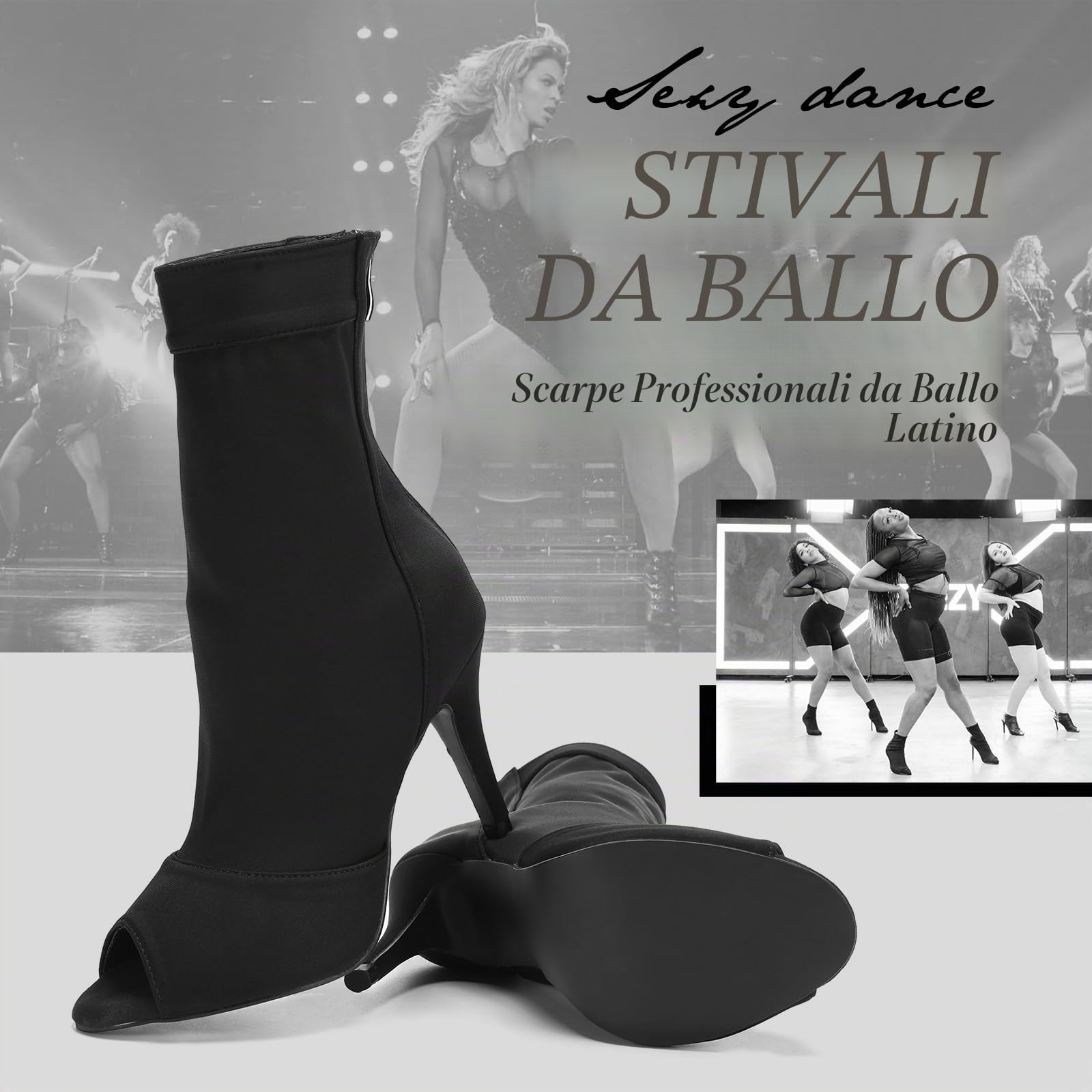 SWDZM Scarpe da Ballo Stivaletto Latino Americano Donna Punta Aperta con Tacco Alto Stivaletti da Sala Festa