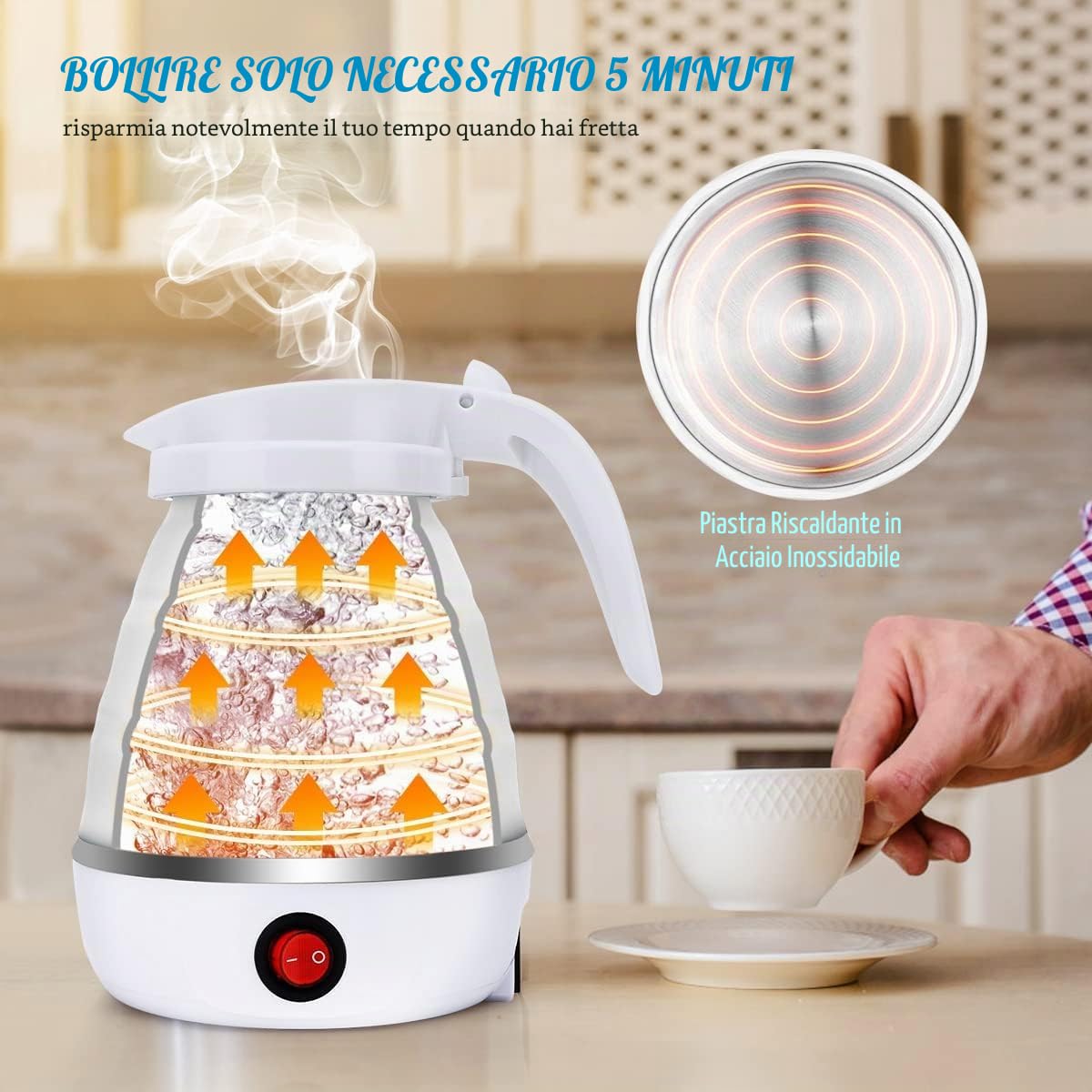 DASIAUTOEM Bollitore elettrico pieghevole da campeggio, bollitore elettrico, 0,6 l, in silicone, per cucina, viaggi, campeggio, attività all'aperto (bianco)