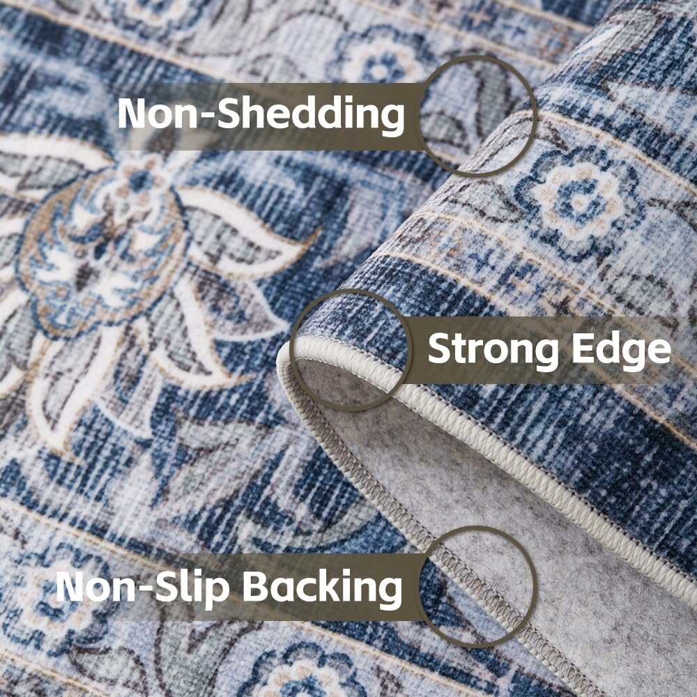 8x10 Area Rugs Grey and Blue Washable Rug for Living Room, Dining Room, Bedroom, Large Carpets, Non Slip & Non-Shedding Low Pile Vintage Print Rug for Home Office Decor