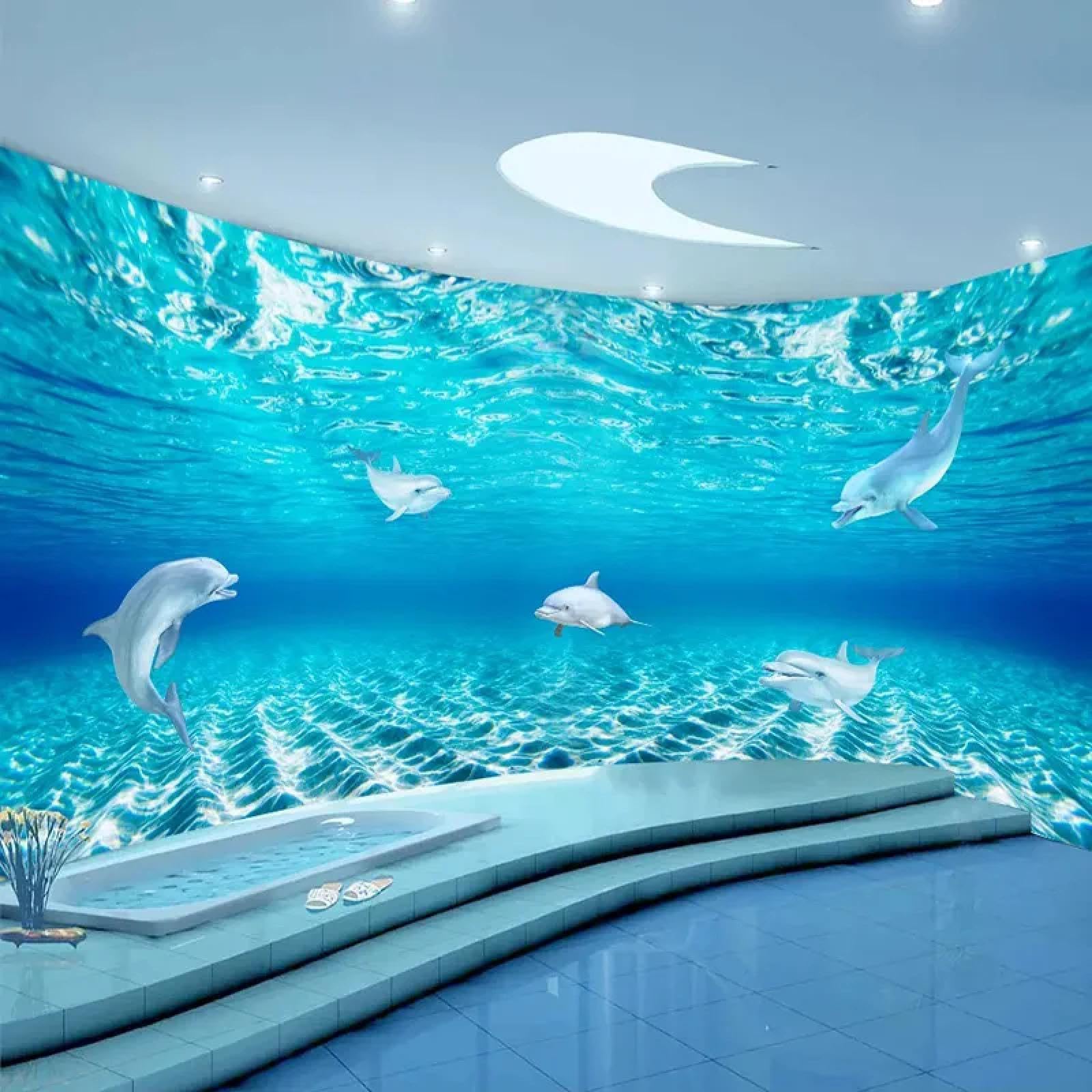 Photo murale 3D dauphins pour transformer votre salle de bain en aquarium