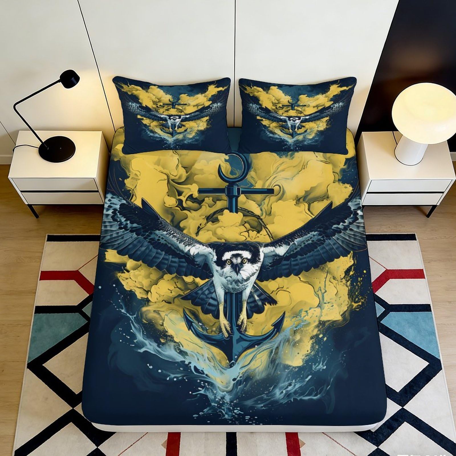 3D Printed Eagle and Anchor Fitted Sheet Microfiber Soft Breathable Nautical Bed Cover for Bedroom Dormitory Guest Room Mattress Protection Decor 140x200x25cm