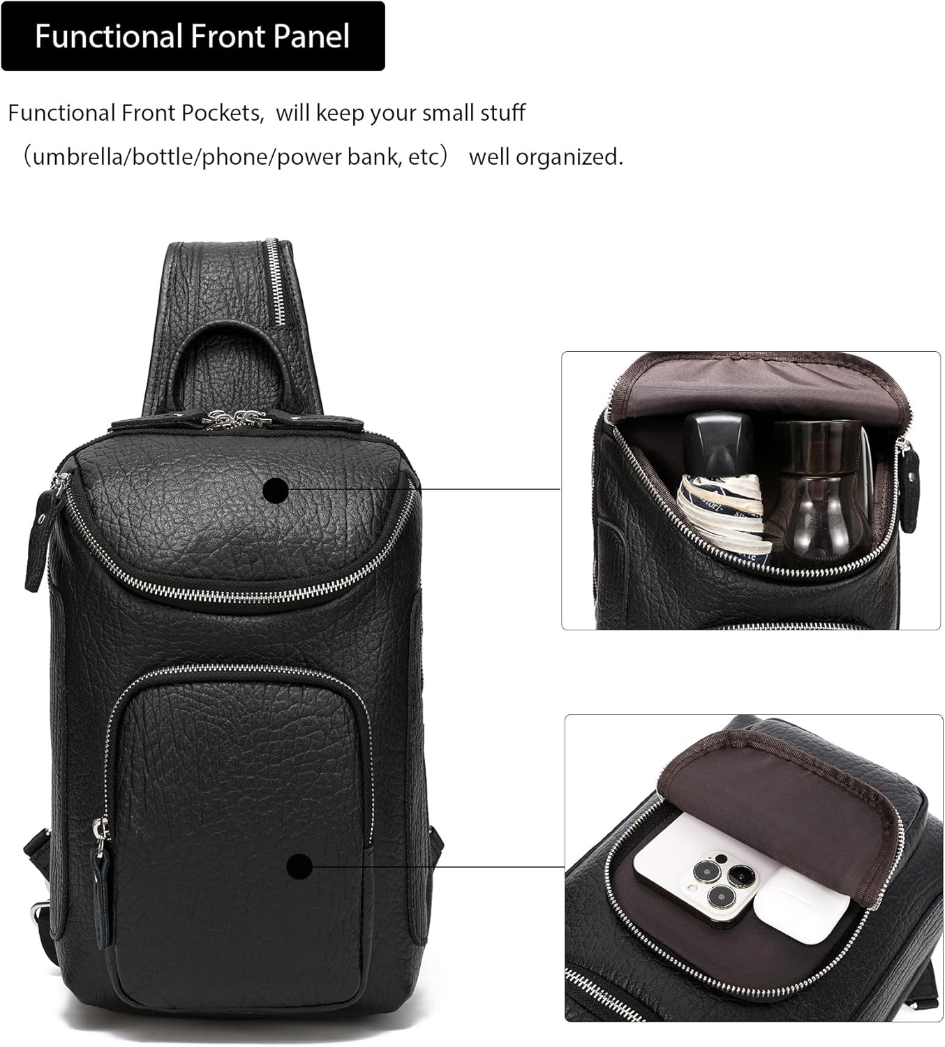 LANNSYNE Vintage Full Grain Leather Sling Bag Crossbody Chest Daypack | Vintage, Full Grain, Leather, Chest - Image 3