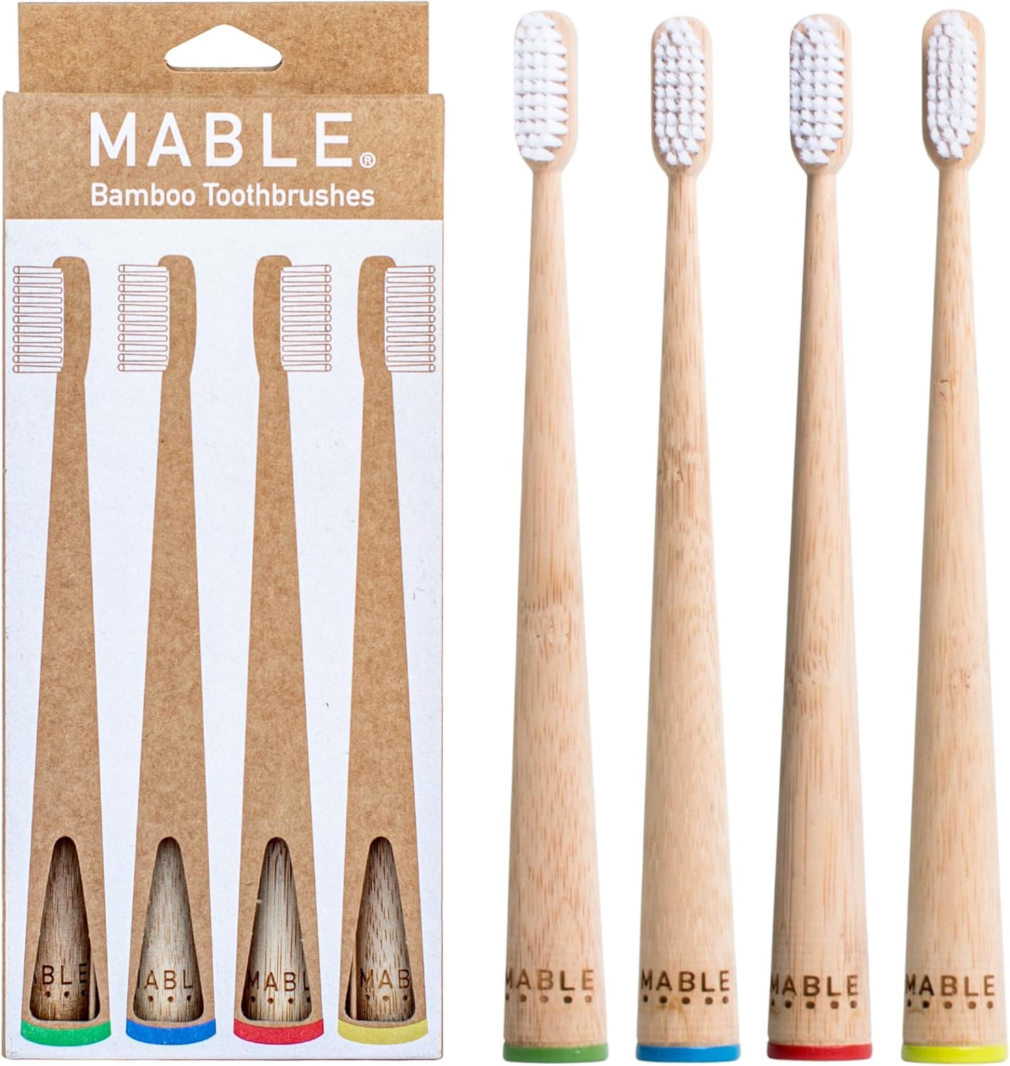 MABLE Four Pack Bamboo Toothbrush for Adult | Medium Bristle Natural Wood Toothbrushes | Eco-Friendly, BPA Free, Compostable Tooth Brush