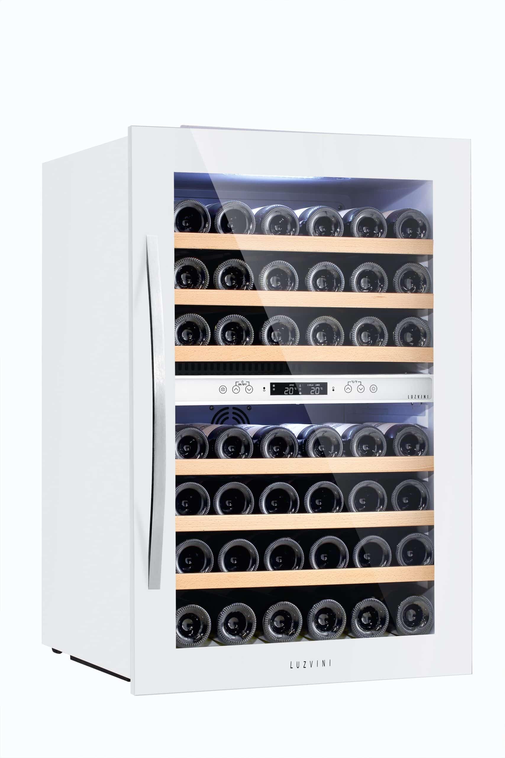 LV42W Weißer Einbau-Weinkühlschrank - Weinklimaschrank mit 2 Zonen, Vollglas-Designtür, 42 Flaschen, einstellbare Zonen von 5-20°C, Kompressorkühlung, 41dB, RVS-Handgriff