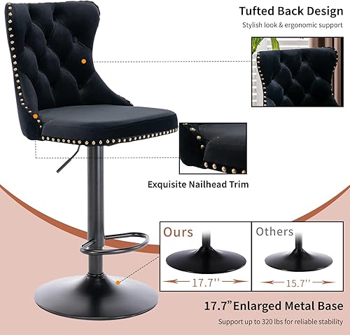 Miniatura 6 de Juego de 2 taburetes de bar giratorios de altura de mostrador, taburetes de bar negros para isla de cocina, sillas de terciopelo ajustable con