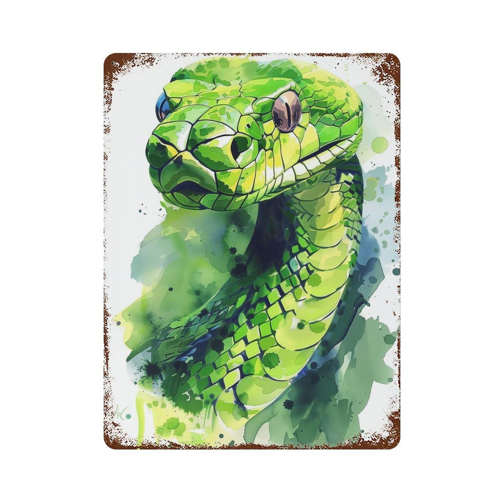 Rust Effect Green Snake Watercolor Rusty Metal Tin Sign 15.7"x11.8", Rustic Home Decor for Living Room, Hallway And Home Decor