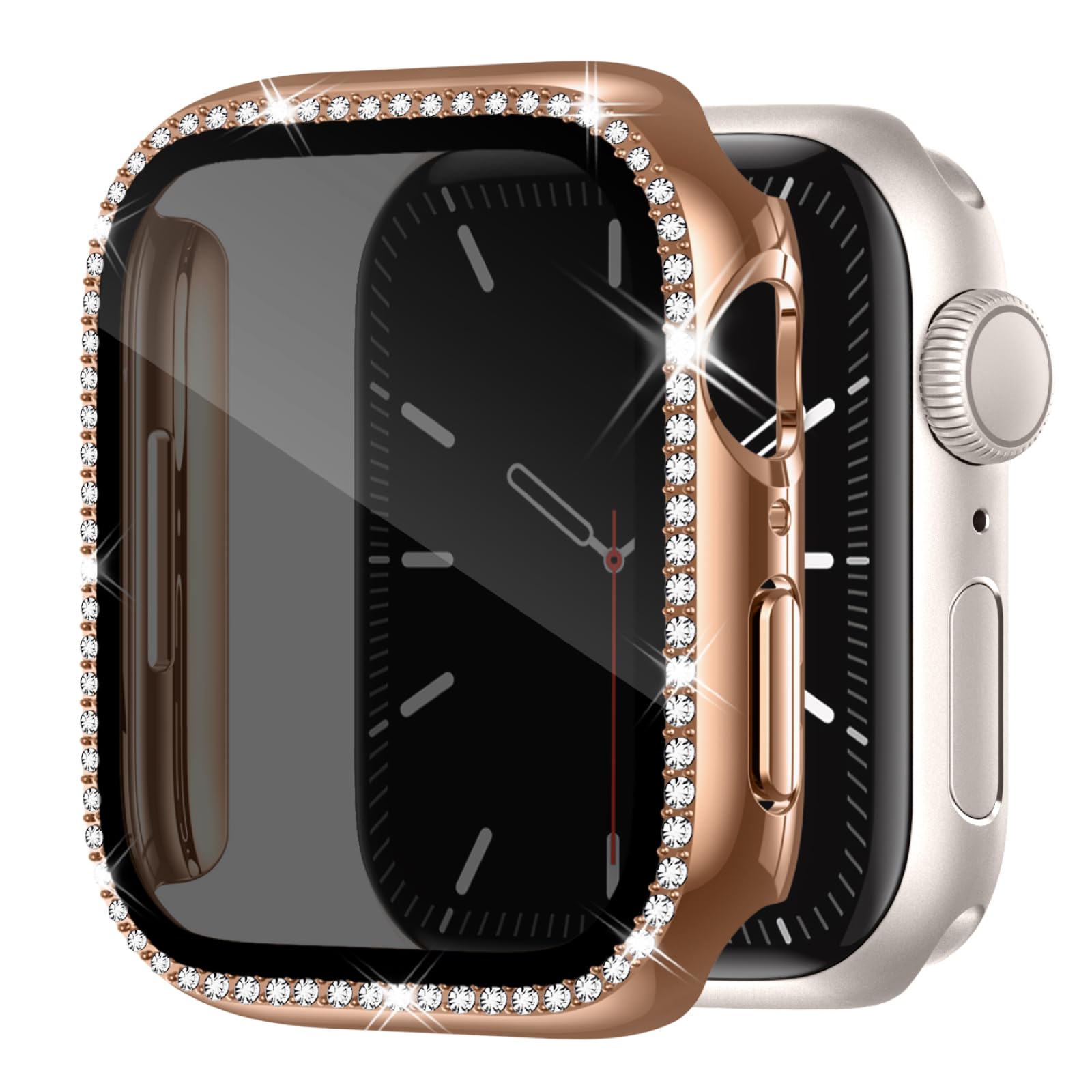 【覗き見防止】Knossen コンパチブル Apple Watch ケース 41mm キラキラ アップルウォッチ カバー 覗き見防止 Apple Watch カバー シングルダイヤモンド ガラスフィルム付き 光沢感 オシャレ レディース ローズゴールド iWatch Series 9 8 7に対応 41mm