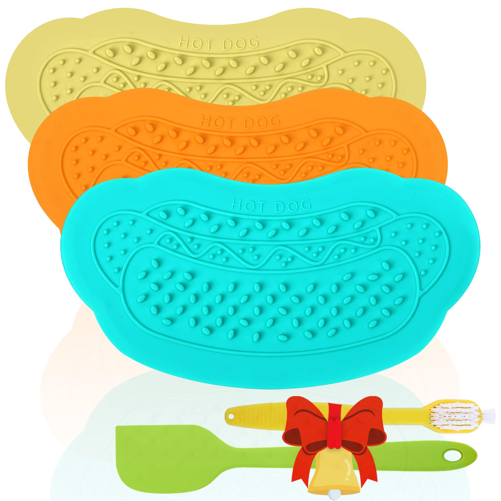 Licking Mat for Dogs & Cats 5 Pack with Suction Cups, Premium Lick Pad for Dog Anxiety Relief, Perfect for Bathing Grooming (Tea green/Cyan/Orange+1 Spatula+1Brush)