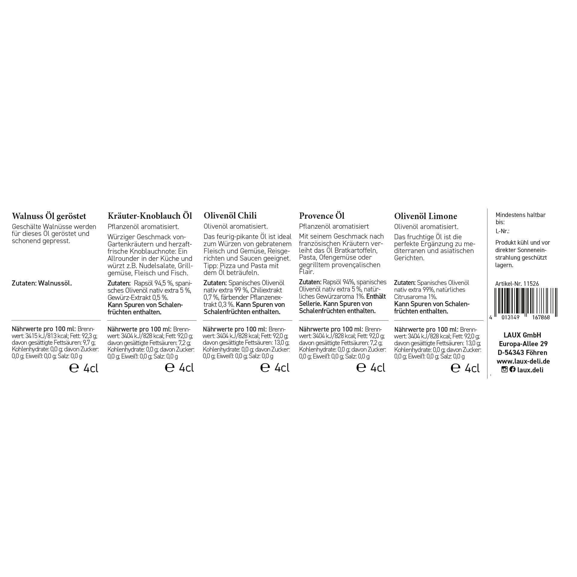 LAUX Öl Geschenkbox - 5er Set mit Olivenöl, Wallnussöl, Provence & Kräuter Knoblauch Öl - Salate & Herzhafte Gerichte - Geschenk-Idee zum Valentinstag (5x 40ml)