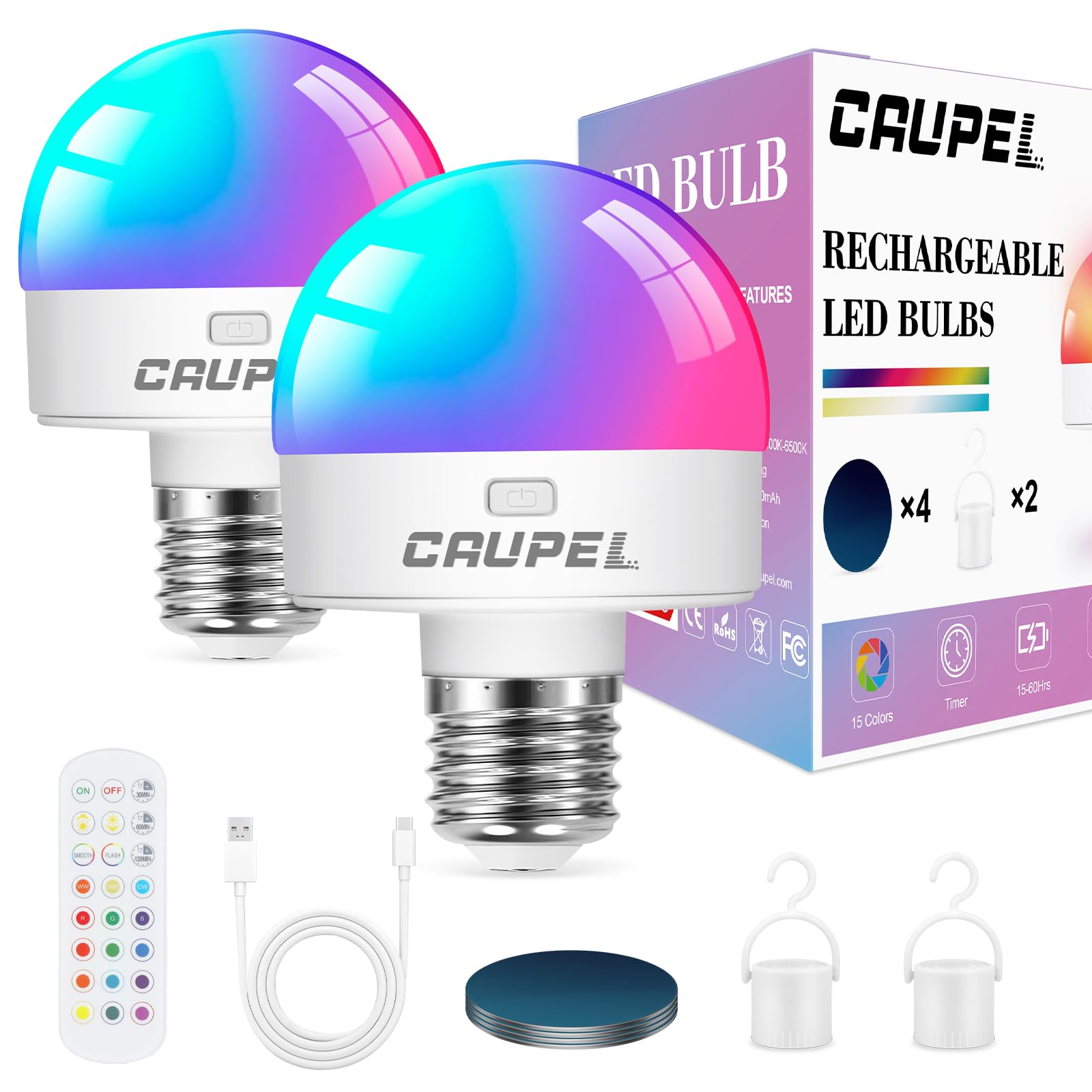 RGBCW Rechargeable Battery Operated Light Bulbs, E26 Detachable LED Bulb with Remote Control, 60W Equivalent, 500Lum, 3 Color Temperatures, 15 RGB, Emergency Light Bulbs for Home, Outdoor, 2 Pack