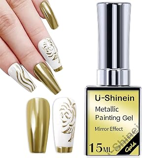 U-Shinein 15ml Metallic Painting Gel, Golden Metal Nail Gel, Upgrade Painted Gel Mirror Nail Painting Gel, 3D Metal Painting Gel DIY Drawing Nail Art Manicure, Golden