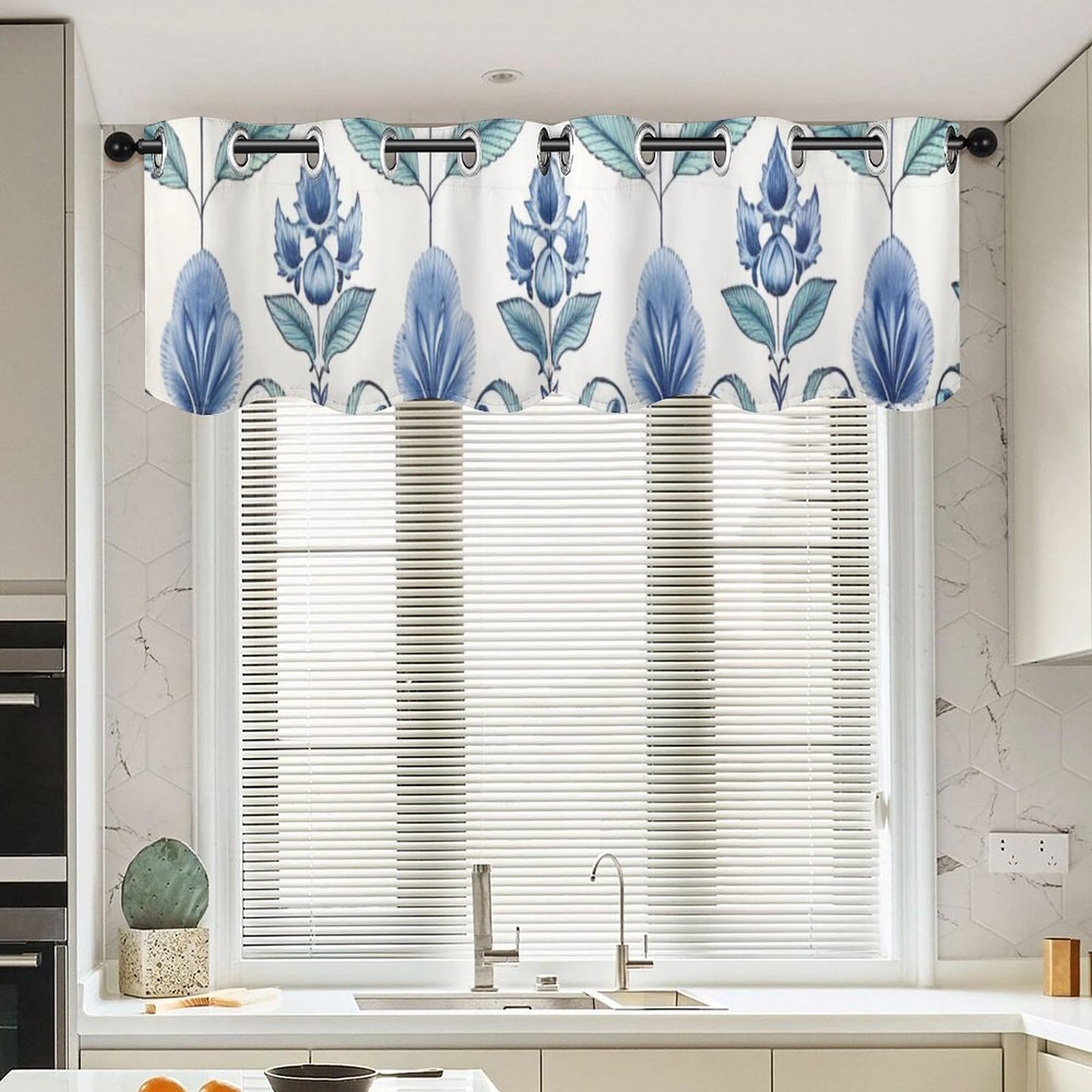 Rideaux style asiatique bleu floral 132x45 cm pour salon et cuisine