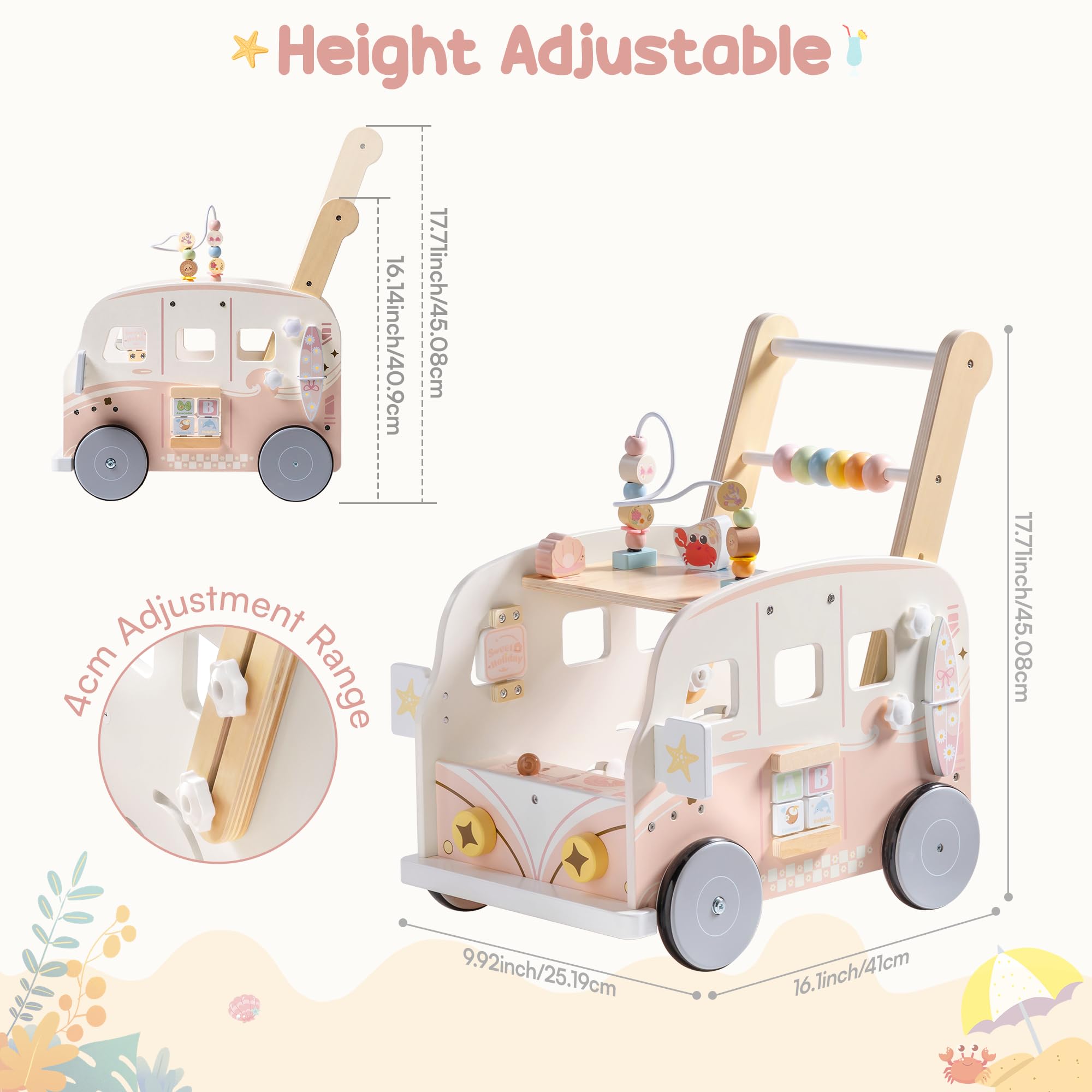 ROBOTIME Passeggino in legno, multifunzione, con regolazione dell'altezza e controllo della velocità, regalo per bambini da 10 a 36 mesi, sirena rosa