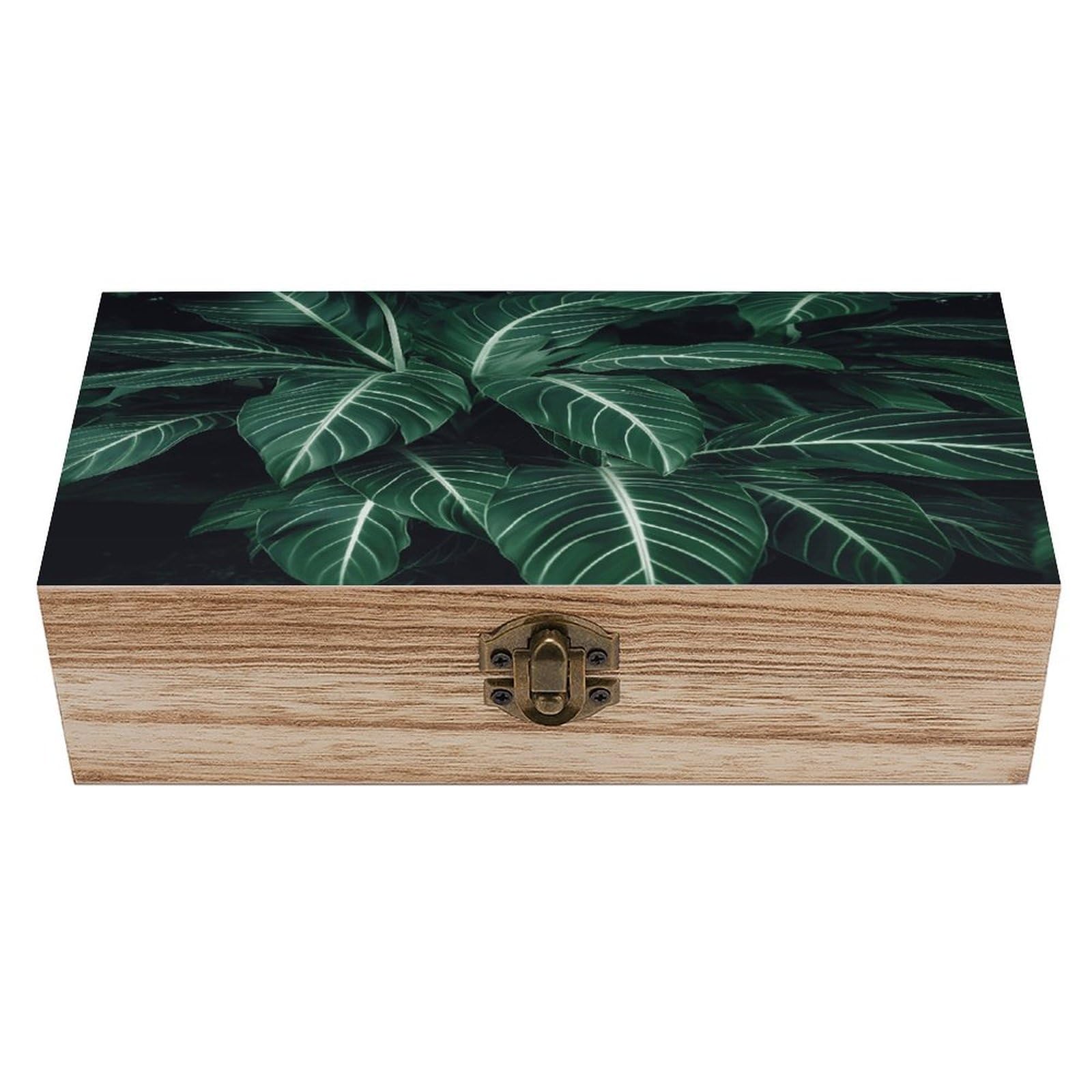 VstaDank Green Long Leaves Wooden Box Sturdy Vintage Storage Box with Hinged Lid Exquisite Wood Keepsake Boxes Large Jewelry Case Cute Trinket Holder Unique Gift for Men & Women