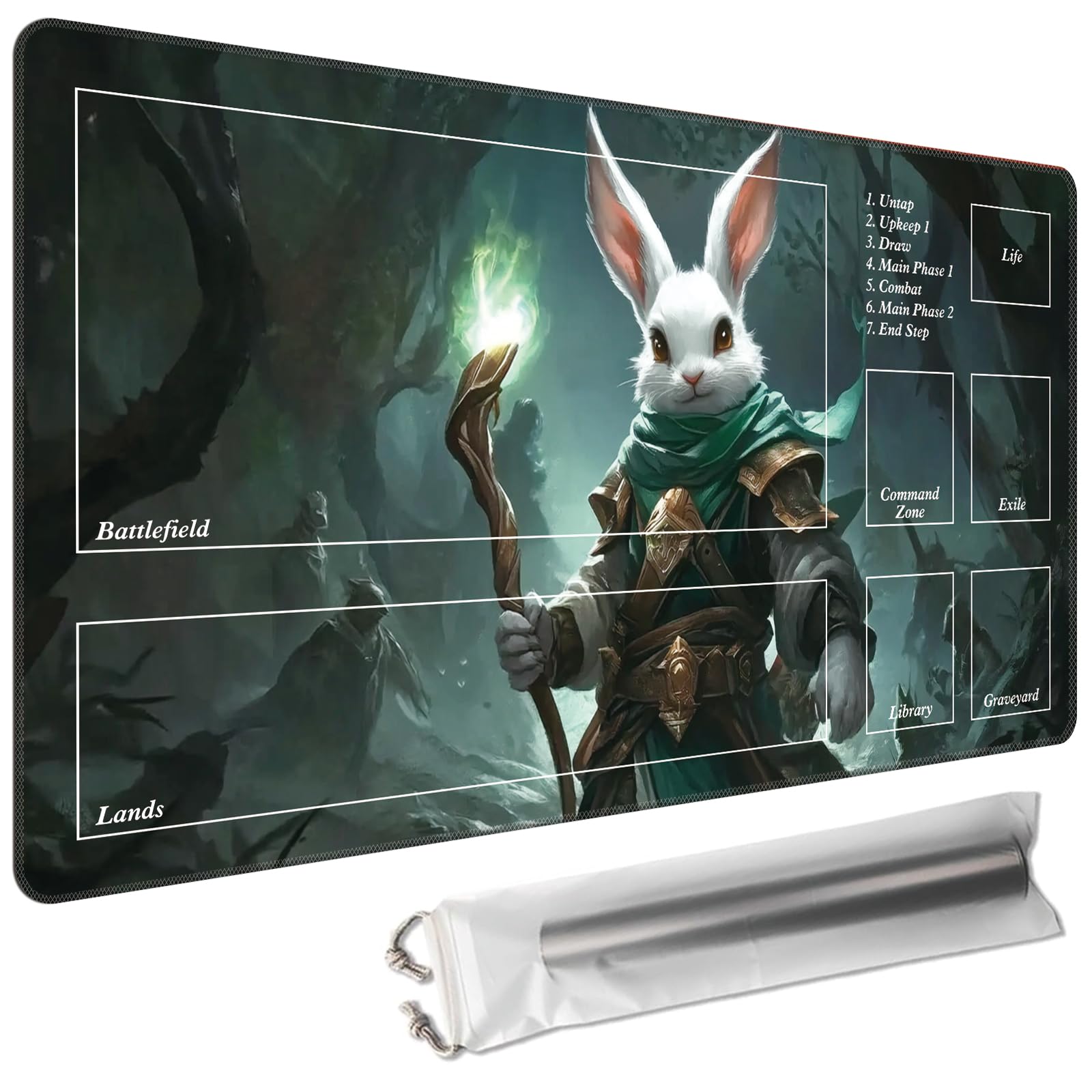 Cdkfxjy MTG Playmat with Magic Zone 24 x 14in Includes Storage Bag,TCG Playmat with Soft Surface Premium Non-Slip Rubber Backing Stitched Edges Durable Gaming Mat,Rabbit Wizard