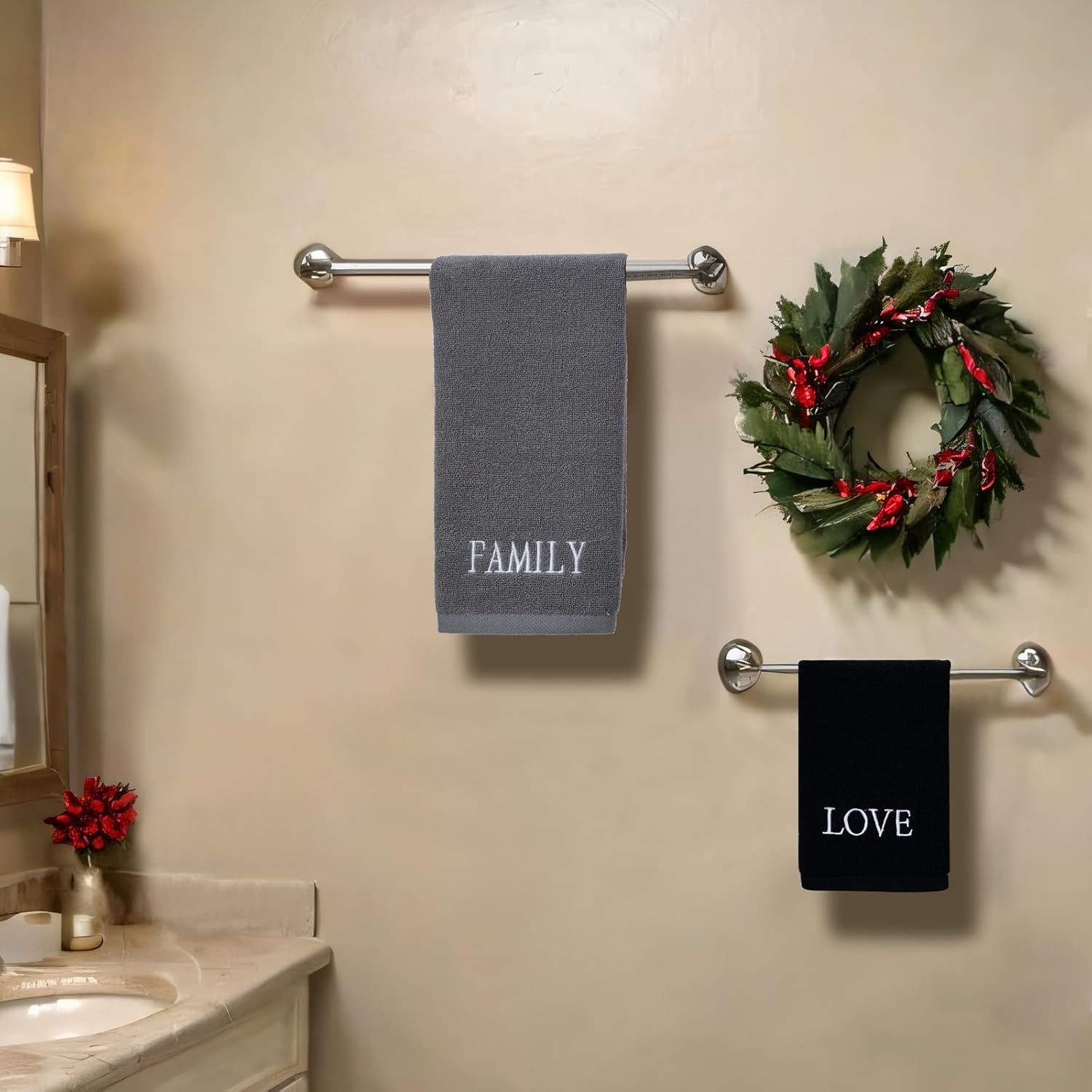 Shemilly Family Bathroom Towels Set of 3 White Gray Black Bright Embroidered Soft 100% Cotton Bath Towel Home Hand Towels for Winter Holiday Kitchen Decor Gift Dish Drying Cleaning