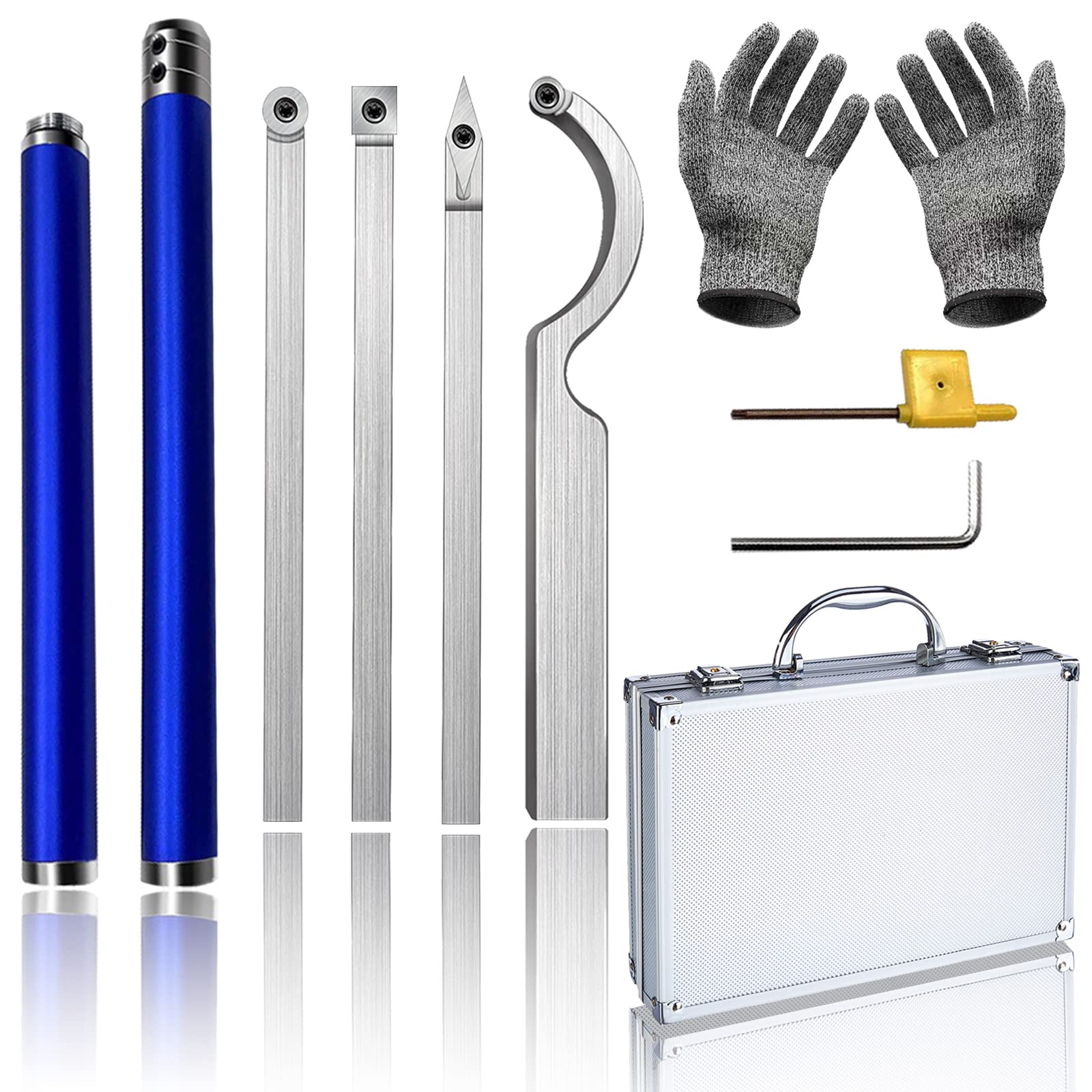 Carbide Tipped Wood Turning Lathe Tools Set, 30" 4Pcs Upgrade Sharp Lathe Rougher Finisher Swan Neck Hollower Tools with Durable Free Combination Alloy Handle Include Round Square Inserts