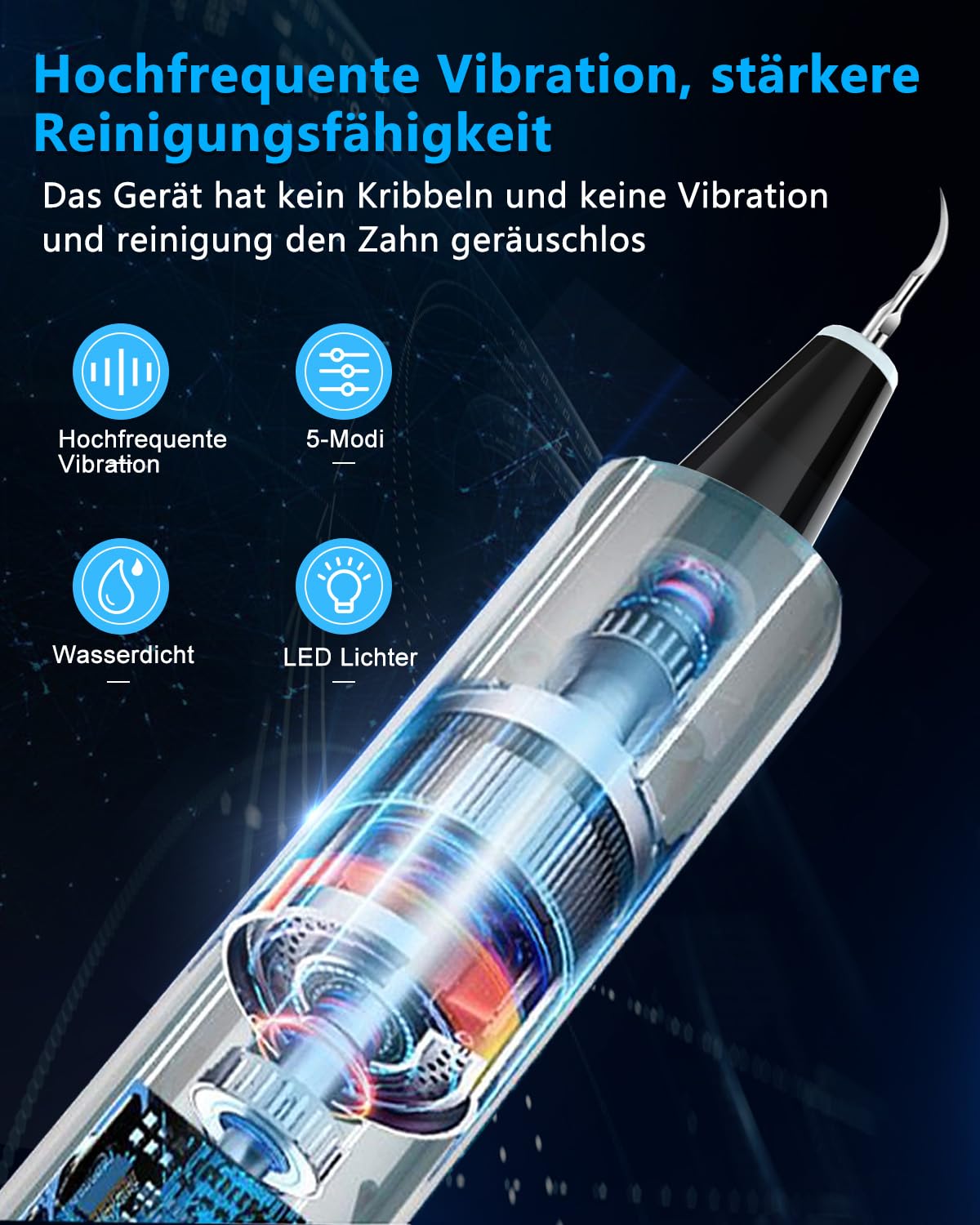 Zahnsteinentferner Zahnreinigung Set mit LED, leise Zahnreinigungsset Elektrisch für Hund/Katzen & Menschen/Zuhause, 5 Reinigungsmodi, USB-C/1500mAh (60 Anw. pro Akkuladung), IPX7 wasserdicht - 4