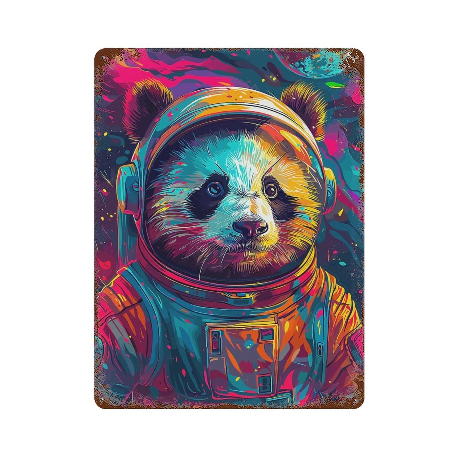 Rust Effect Panda Astronaut Space Weathered Tin Sign 15.7"x11.8", Retro Wall Decor for Garage, Bar And Workshop Decor