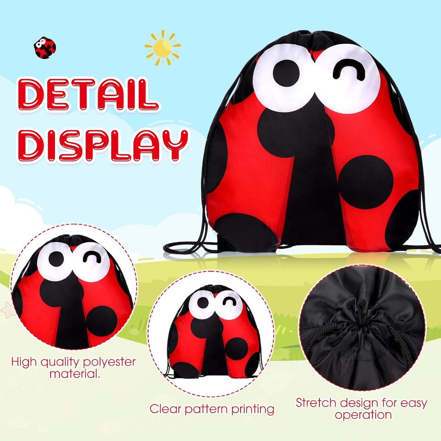 Aliceset 12 Pcs Ladybug Drawstring Bags Bulk Ladybug Birthday Party Favor Bags Lady Bug Theme Gifts Bag 12 x 11 Inch Cute Backpack for Birthday Baby Shower Favor Treat Chips Candy - Image 2