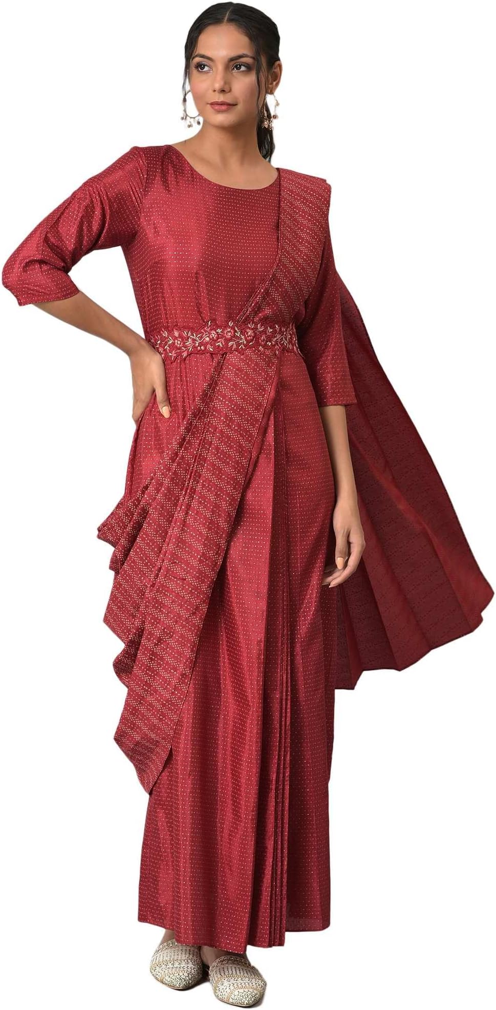 W for Woman Women Maroon Maxi Insta Saree Dress with Embroidered Belt