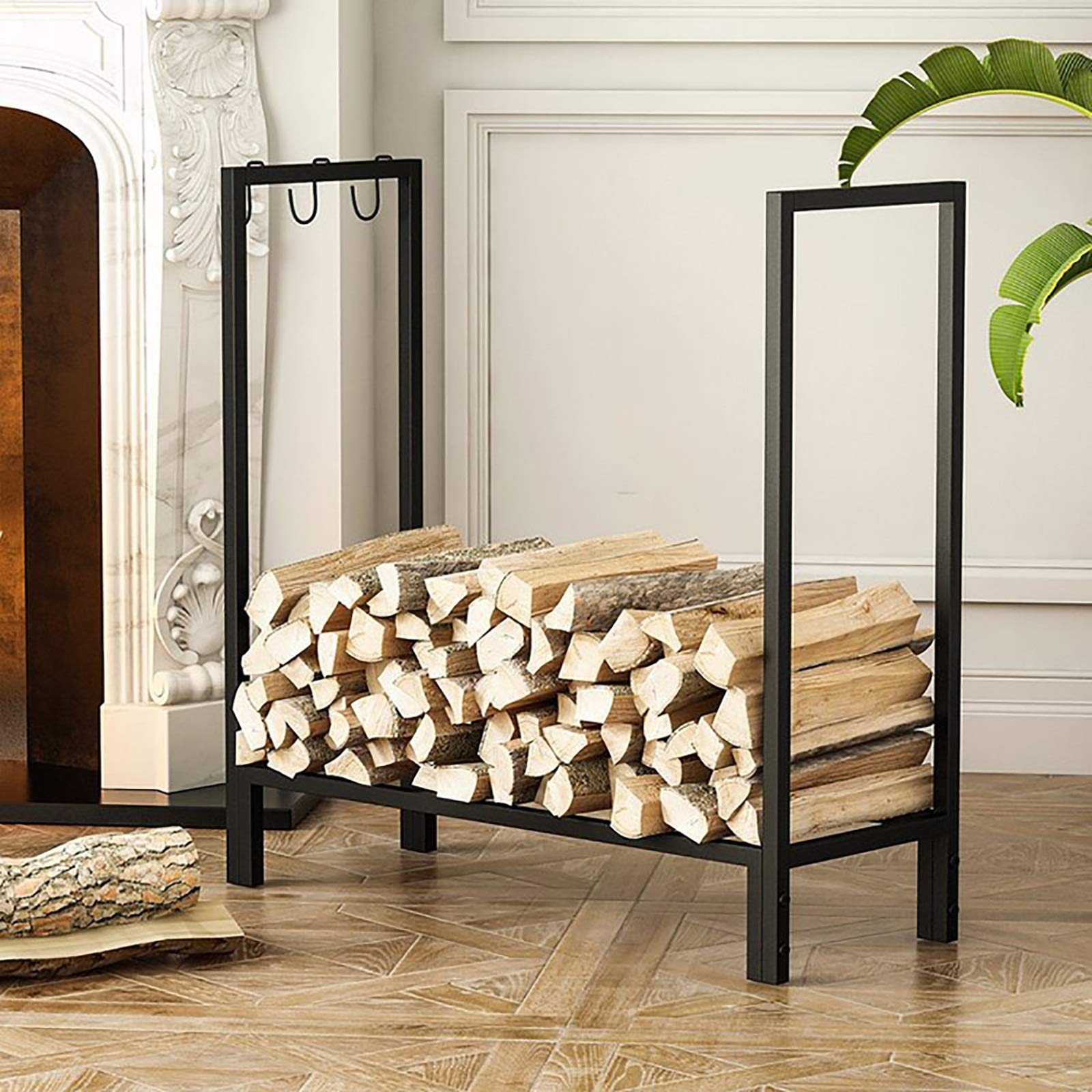 Portalegna da ardere di Grandi Dimensioni per Esterni/Patio/terrazza/Cortile, Supporto per Legna da ardere in Metallo Resistente, Alto 75 cm, con 3 Ganci, Nero,