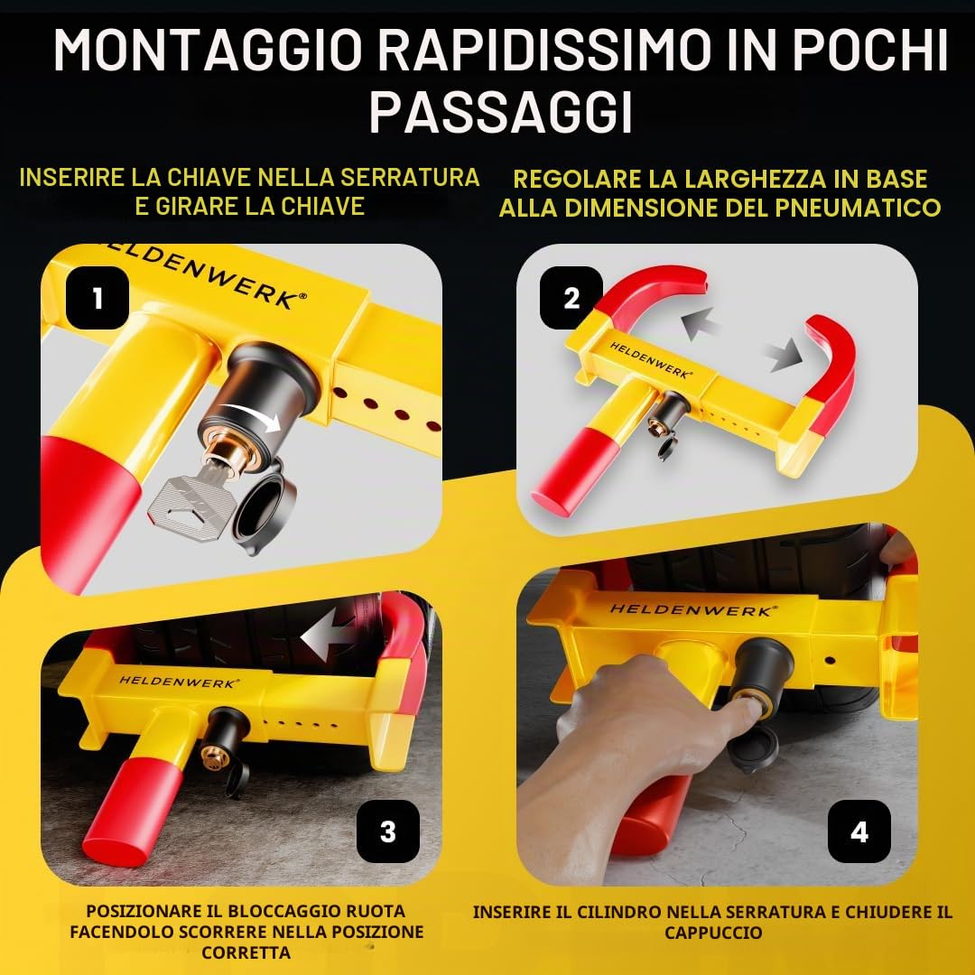 Heldenwerk Morsetto di parcheggio per ruota con serratura ad alta sicurezza e 3 chiavi rimorchi camper roulotte auto pneumatici