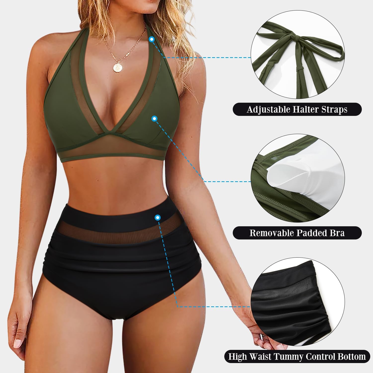 OMKAGI Women Mesh High Waisted Bikini Set Sexy V Neck Tummy Control Swimsuit Bathing Suit - Image 4